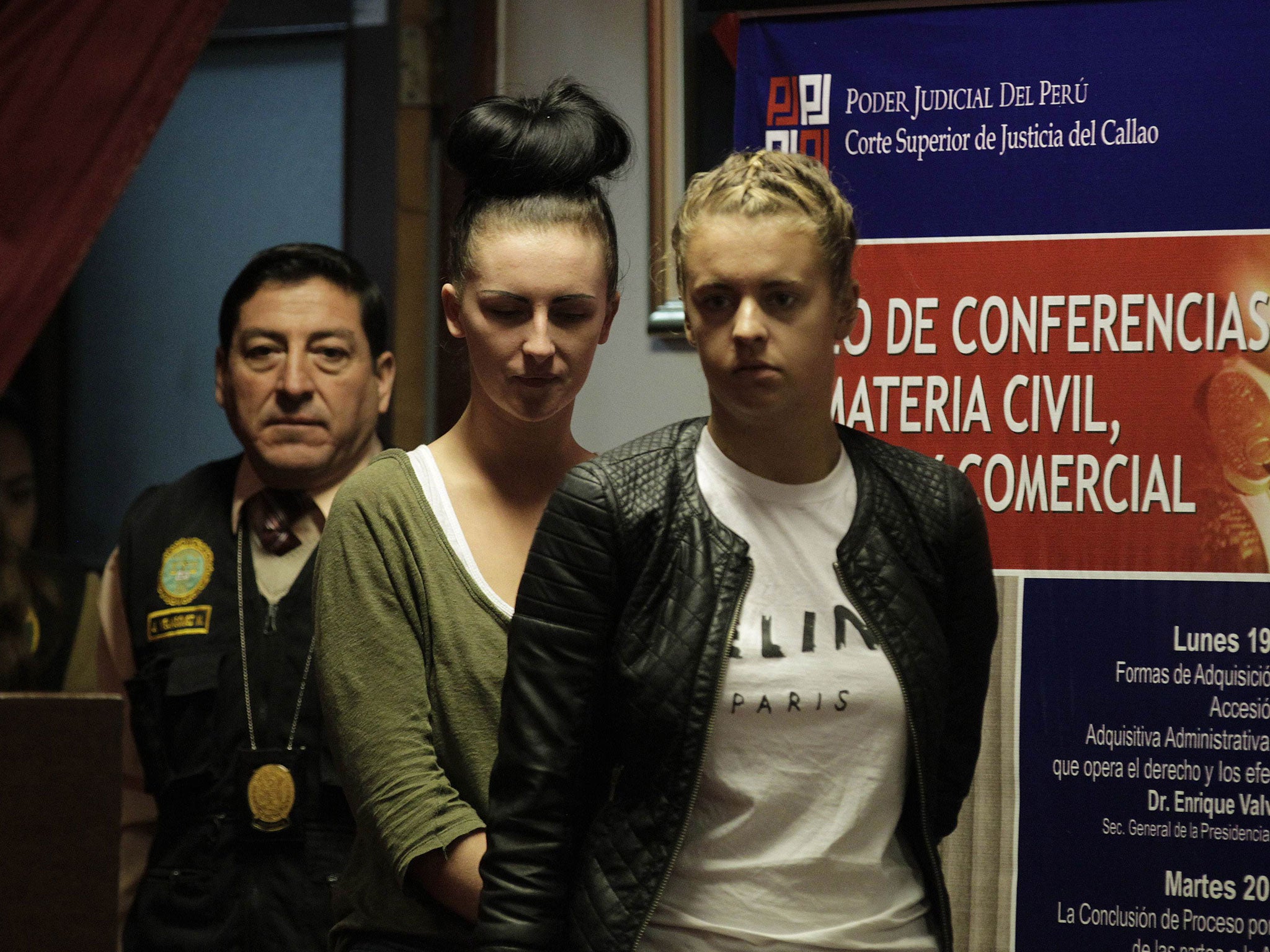 Michaella McCollum Connolly, second right, and Melissa Reid, far right, after their arrest for drugs smuggling in Peru