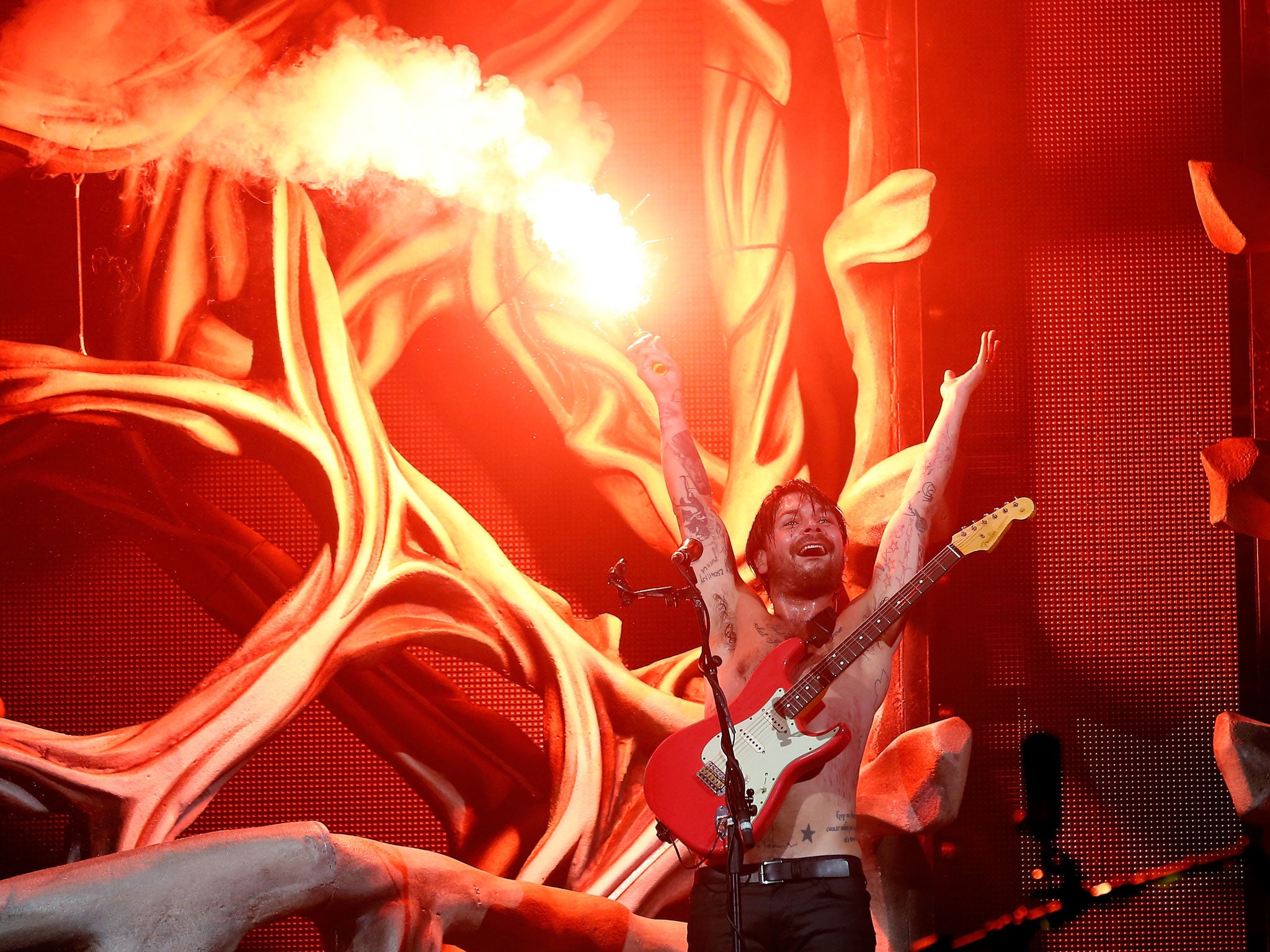 Simon Neil of Biffy Clyro performing on the main stage, during day three of the Reading Festival