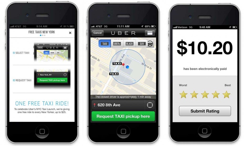 Screenshots showing Uber's app for iPhones.