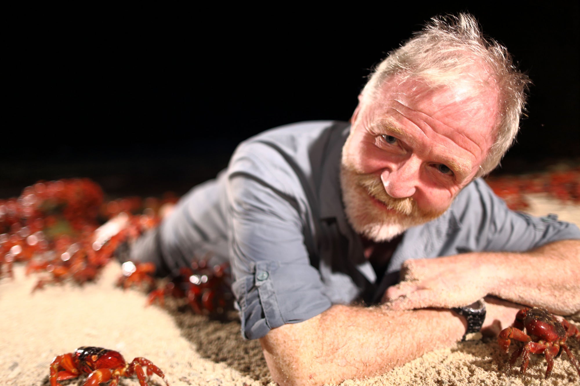 Dr George McGavin among the swarms of Red Crabs on Christmas Island.