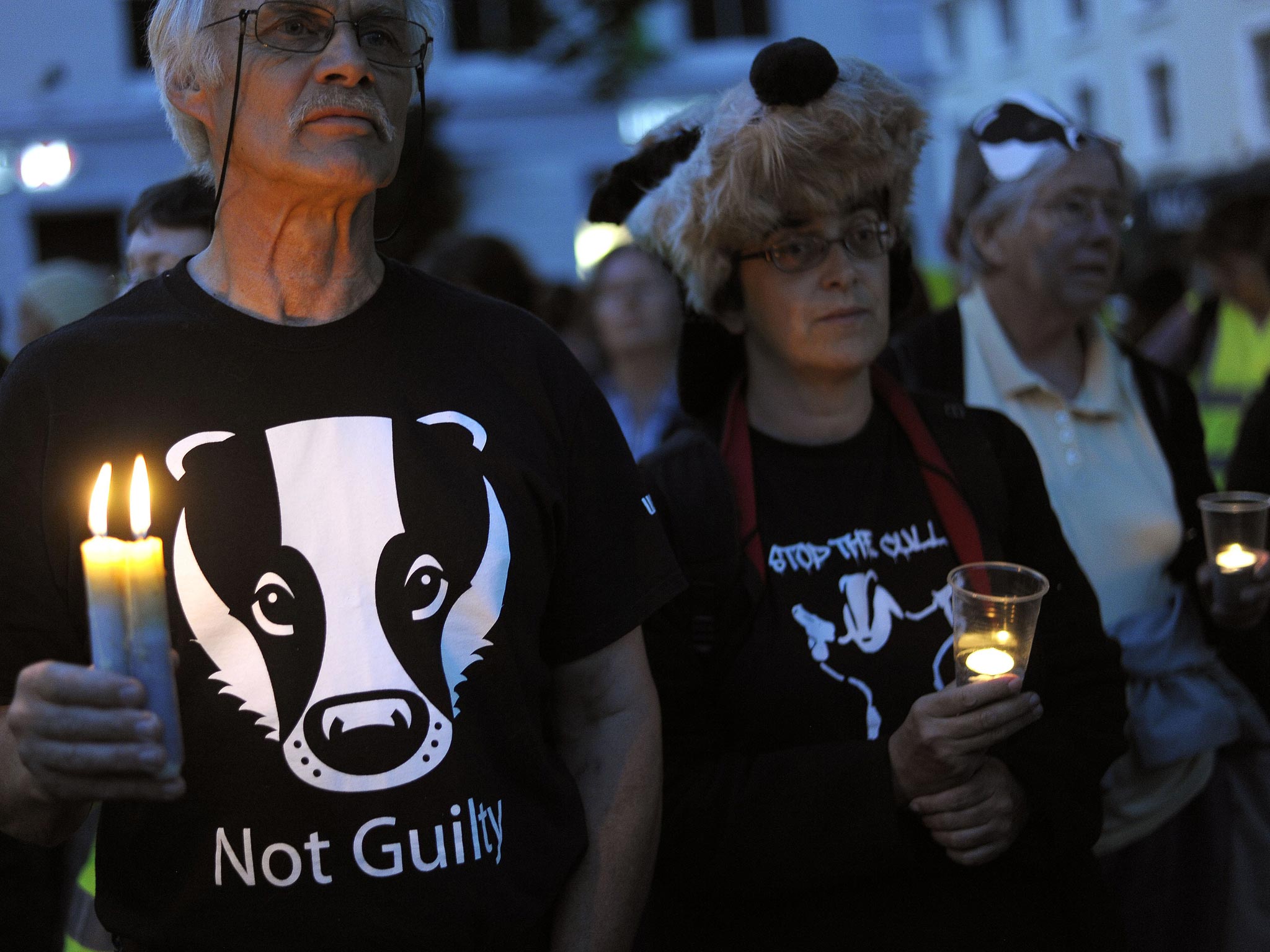 Protesters in Minehead during a candlelight vigil event organized by Somerset Badger Patrol