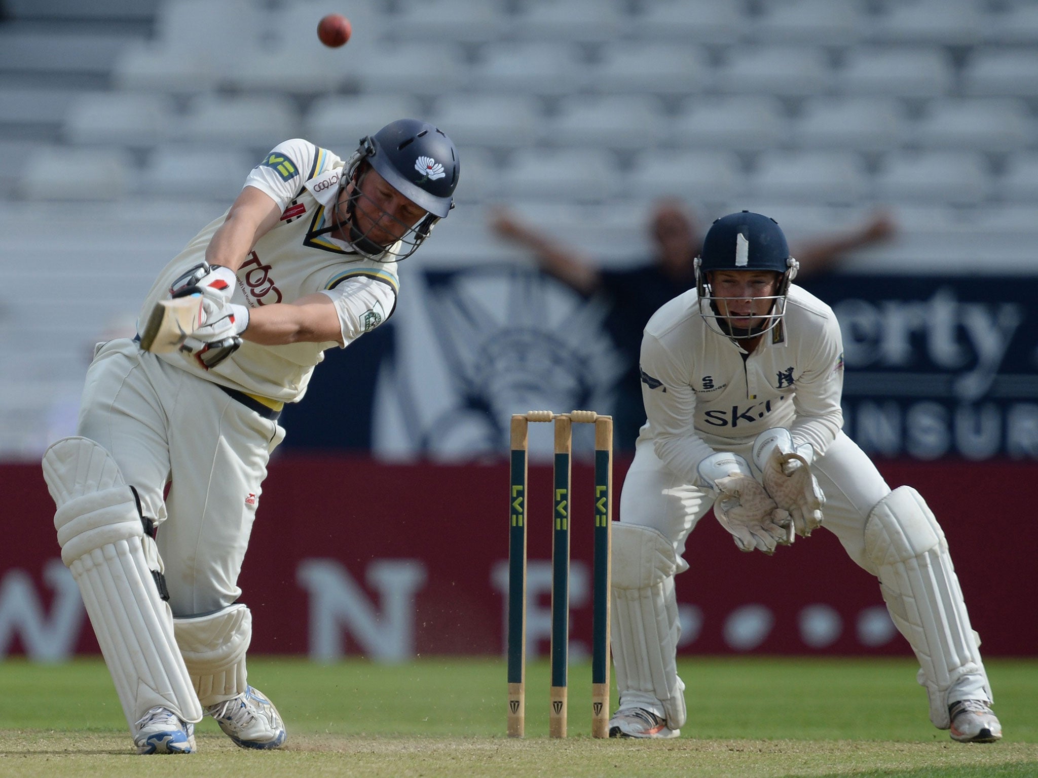 Gary Ballance smashes a six to complete a century for Yorkshire against Warwickshire earlier this month