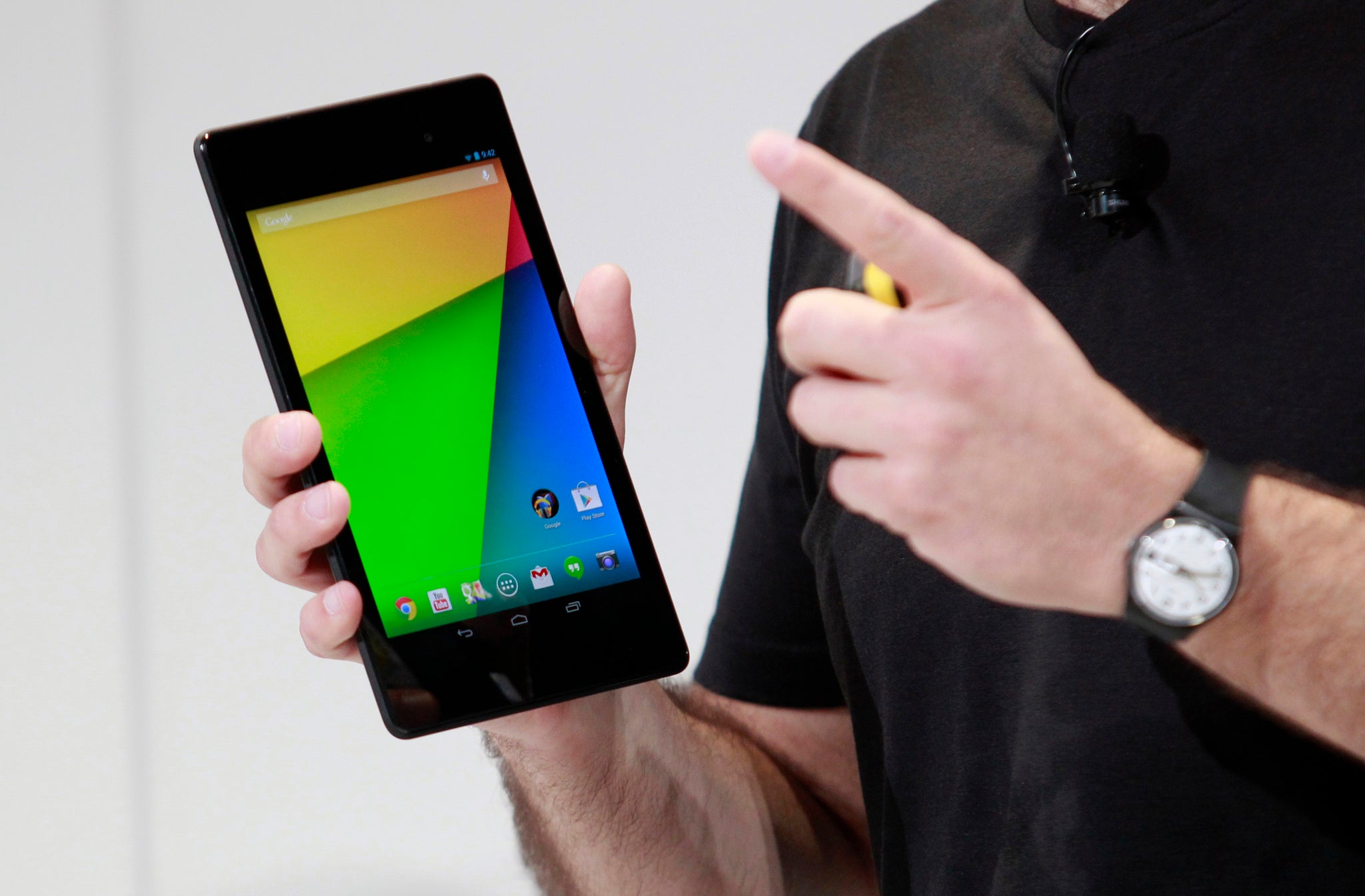 Hugo Barra, director of Product Management at Android, holds the new Nexus 7 tablet during a Google event at Dogpatch Studio in San Francisco, California.