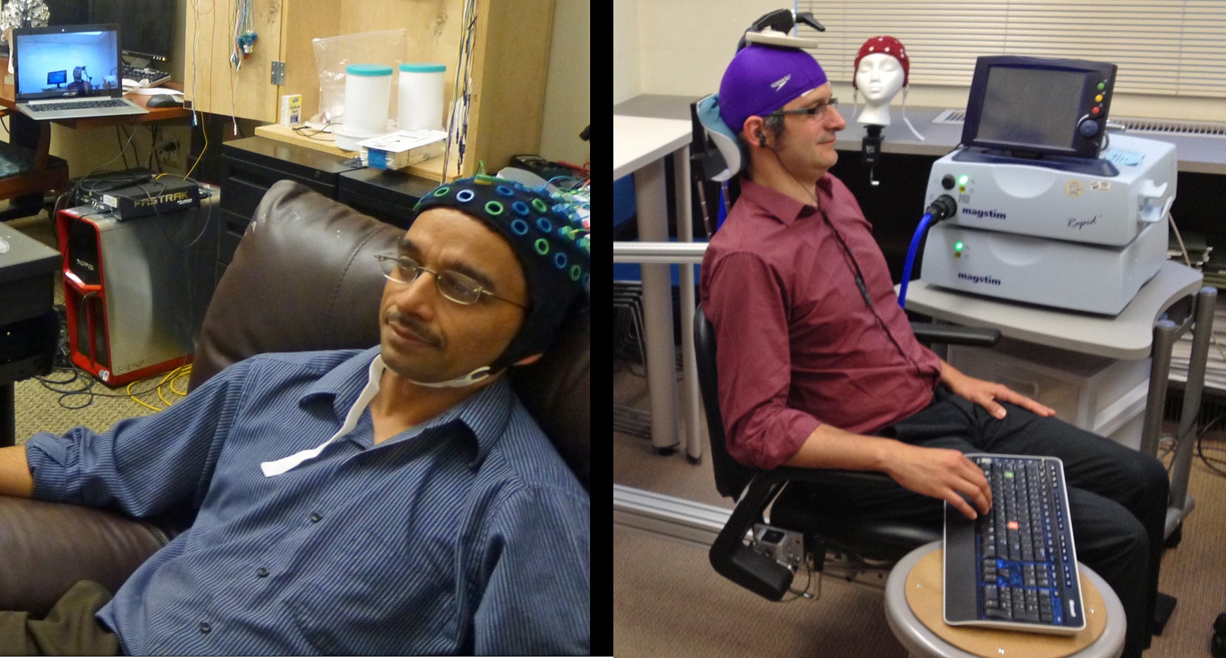 University of Washington researcher Rajesh Rao, left, plays a computer game with his mind. Across campus, researcher Andrea Stocco, right, wears a magnetic stimulation coil over the left motor cortex region of his brain. Image credit: University of Washington