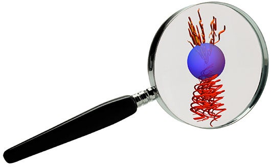 A mock-up of the experiment. The changing colour of the laser lines as they pass through the sphere represent the polarisation of the light, which was the force used to spin the microscopic object.