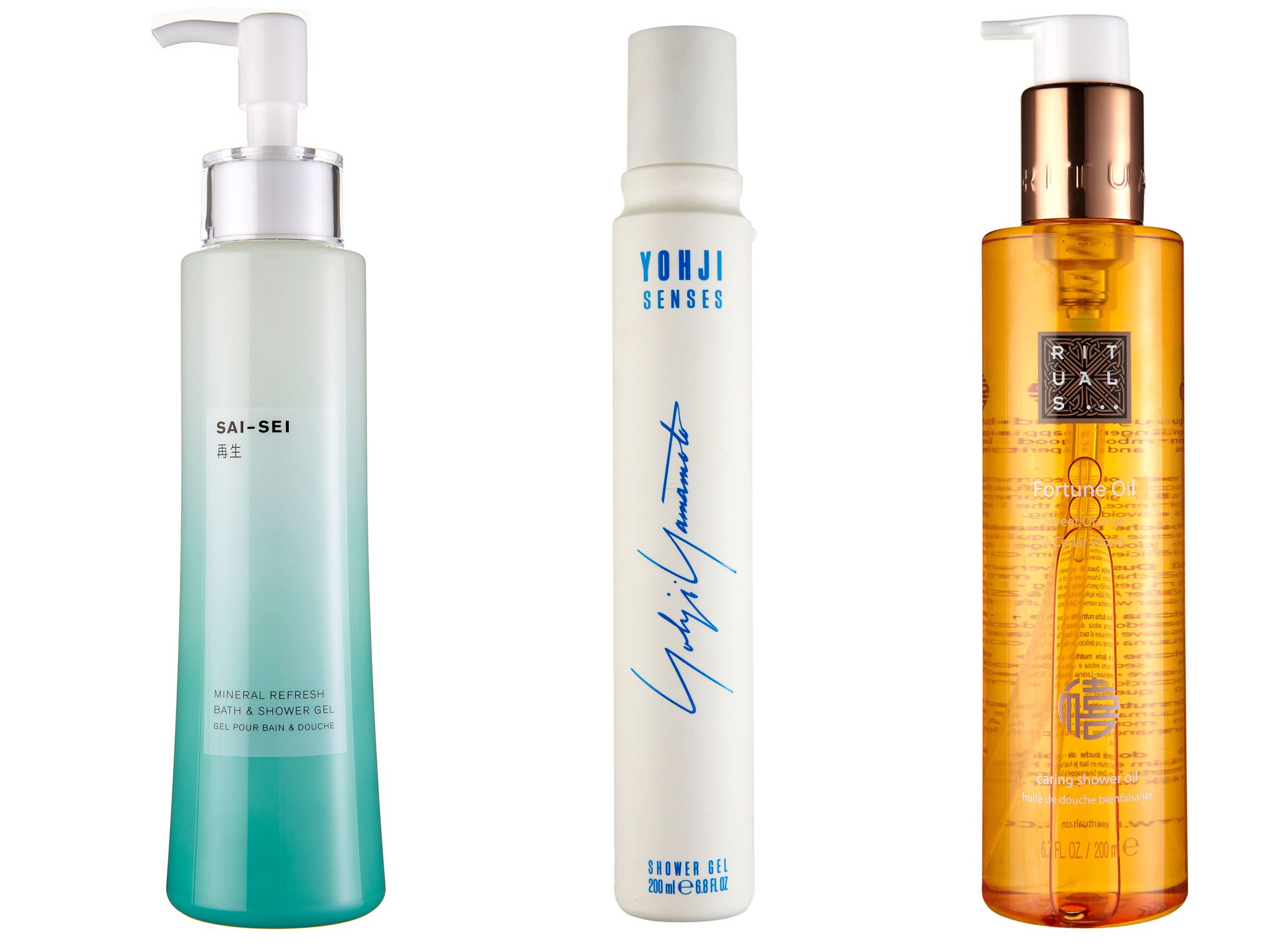 Sai Sei Mineral Refresh Bath and Shower Gel £22, spacenk.com; Yohji Senses Yohji Yamamoto Shower Gel £20, selfridges.com; Rituals Fortune Oil £8, rituals.com