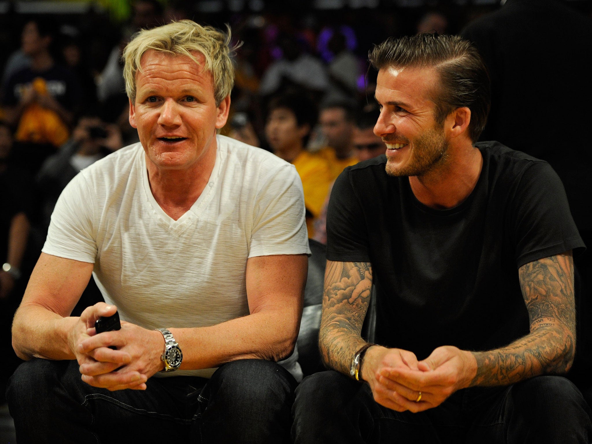 Gordon Ramsay and David Beckham watch the NBA play-off between the Los Angeles Lakers and the Dallas Mavericks at the Staples Center in Los Angeles in 2011