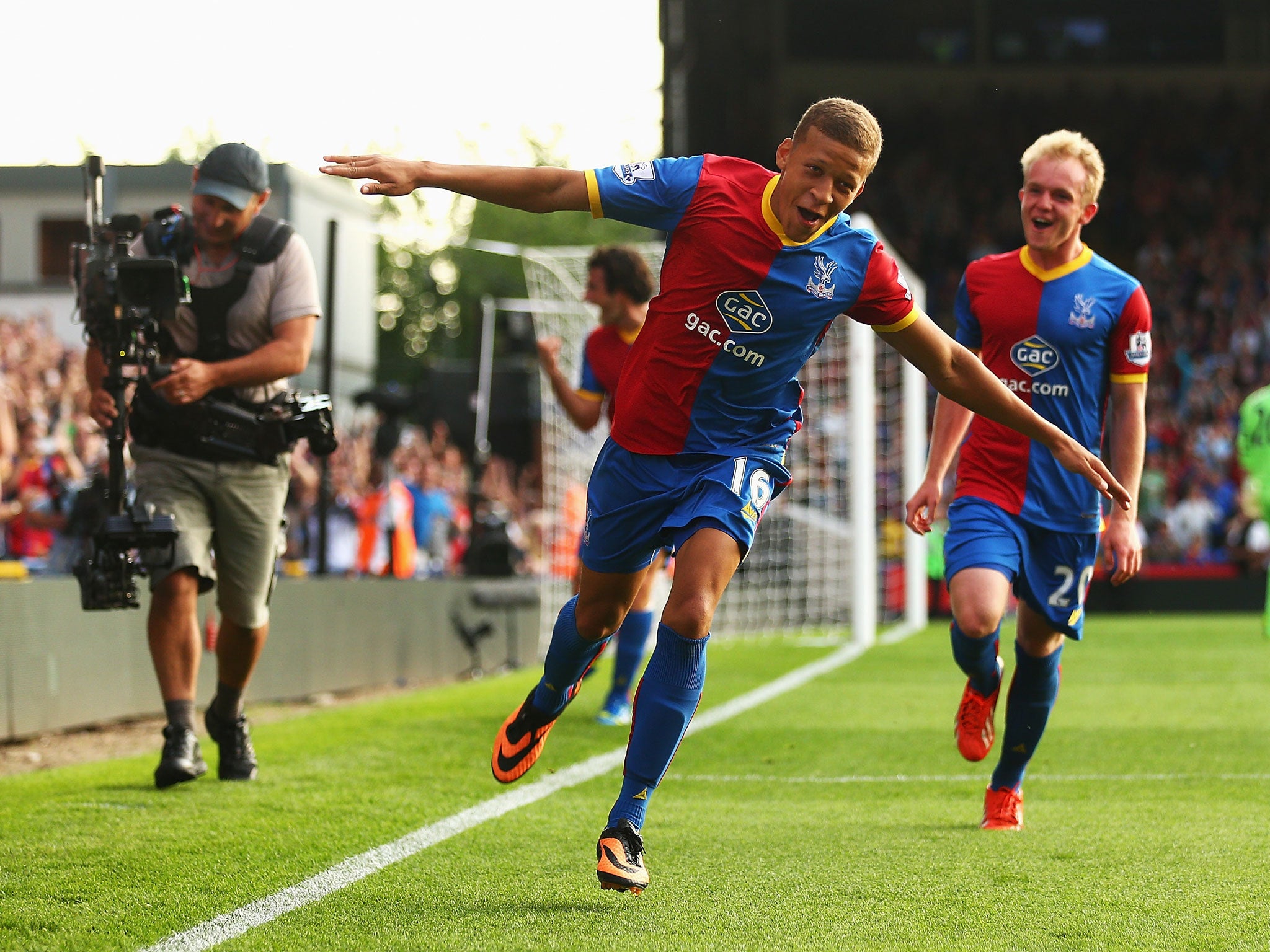 Dwight Gayle of Crystal Palace celebrates scoring his penalty