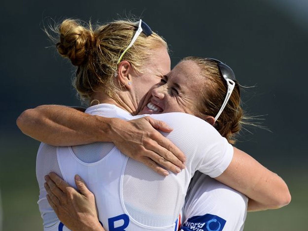 Floating on air: Helen Glover (left) and Polly Swann relish their golden moment in the women’s pair