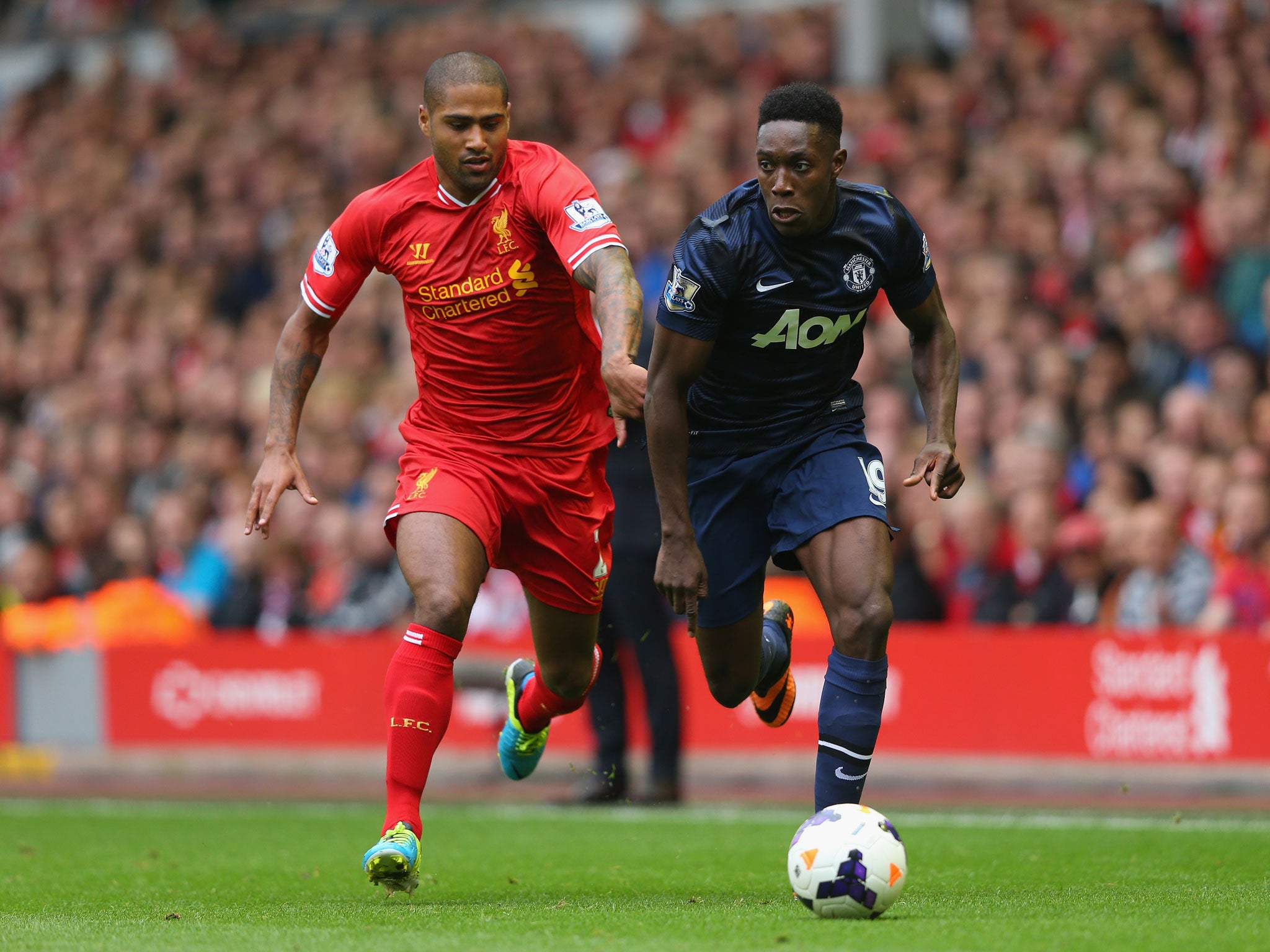 <b>Liverpool:</b><br/><br/>
SIMON MIGNOLET: Rarely busy, but was up to the task when called upon. 6
<br/><br/>
GLEN JOHNSON (pictured): Made several important blocks and proved a menace pushing forward down the flank. 7
<br/><br/>
JOSE ENRIQUE: Solid enough at resisting whatever United threw at him. 6
<br/><br/>
DANIEL AGGER: Picked up an assist for Sturridge’s goal and was otherwise solid in defence. 6
<br/><br/>
MARTIN SKRTEL: Made a couple of good blocks in first game of the season. 6