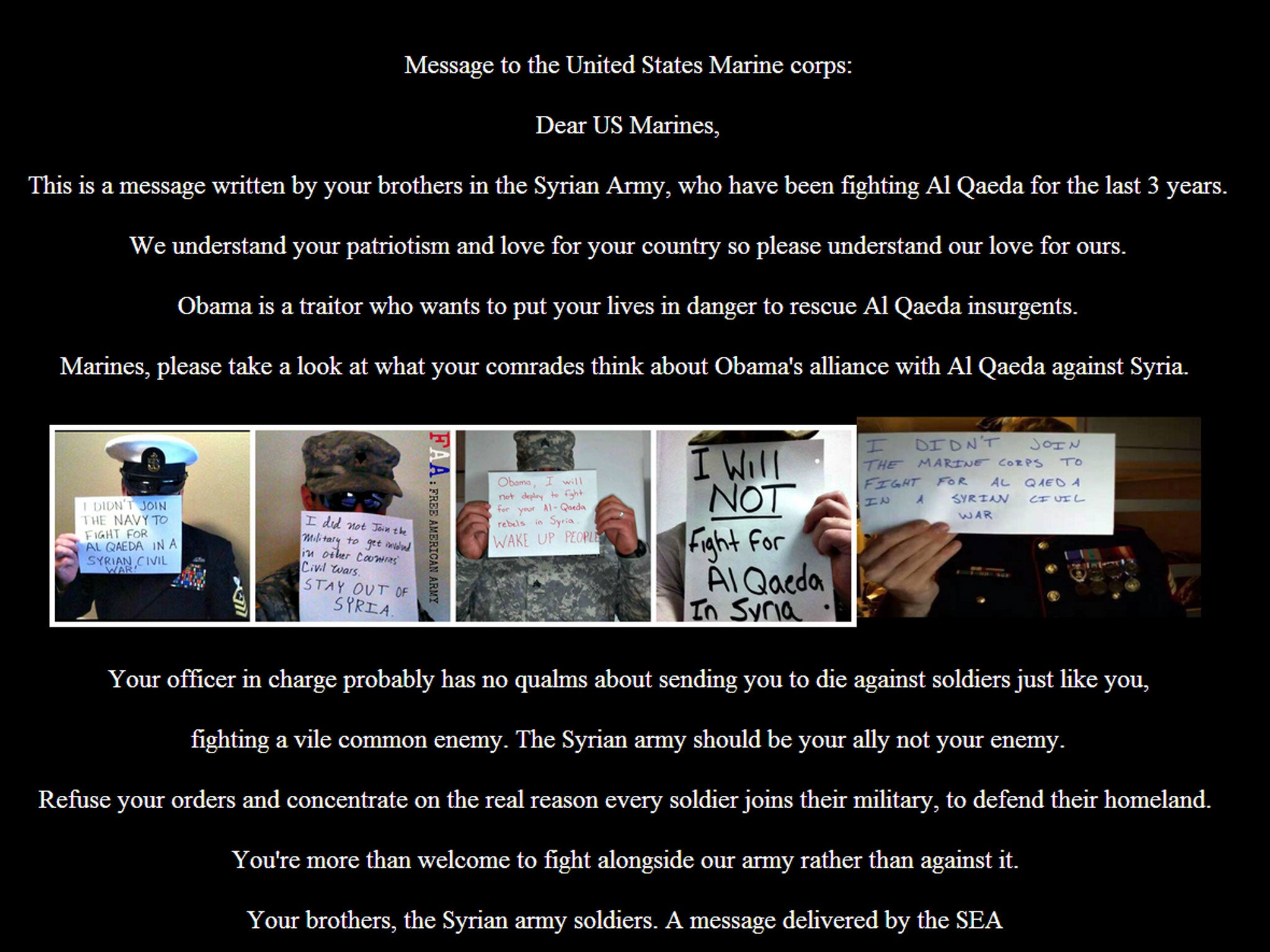 A screen-grab of the official marines.com website, hacked by the Syrian army
