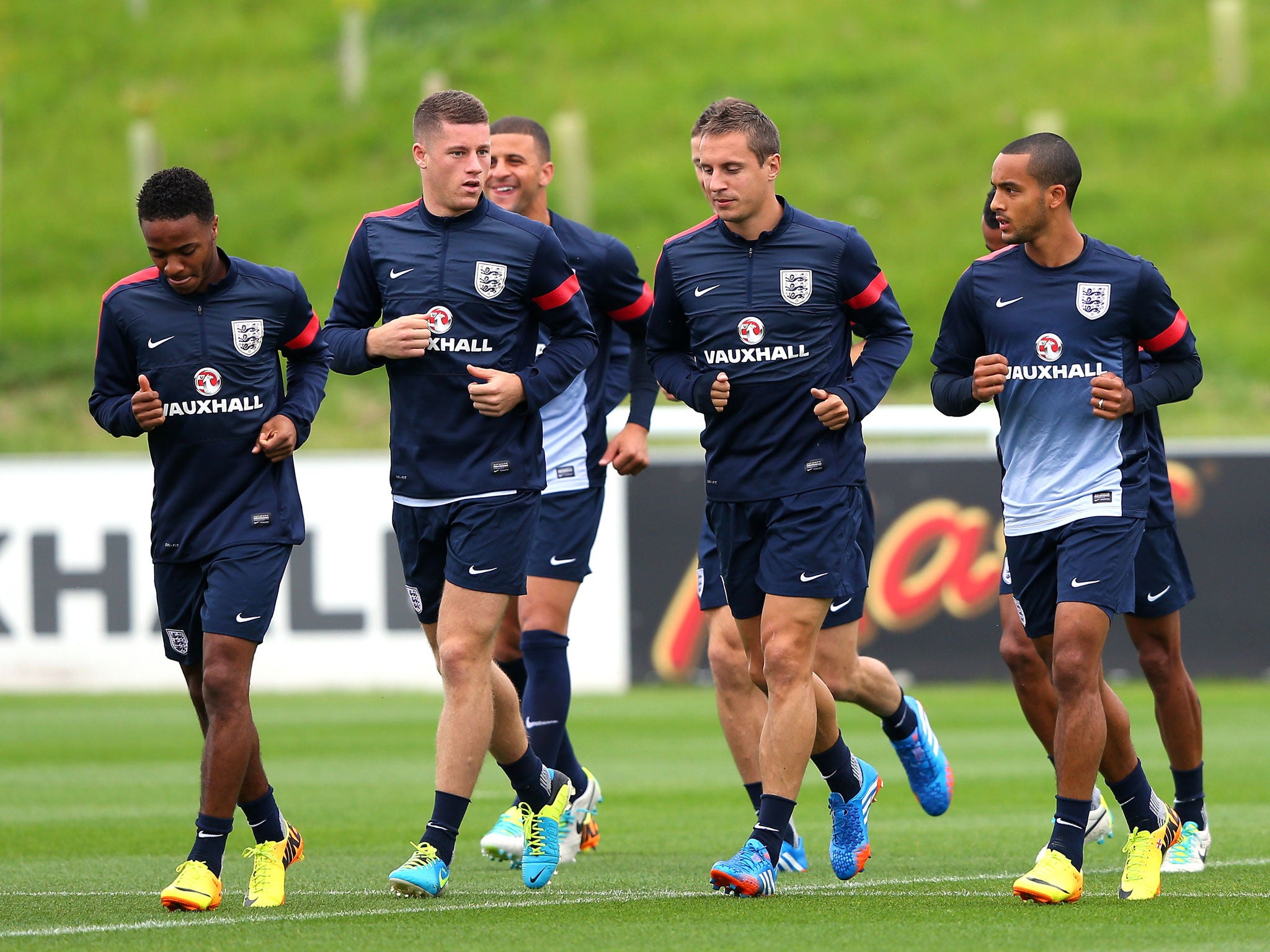 (L-R) Raheem Sterlin, Ross Barkley, Kyle Walker, Phil Jagielka and Theo Walcott train at England's St George's Park training base