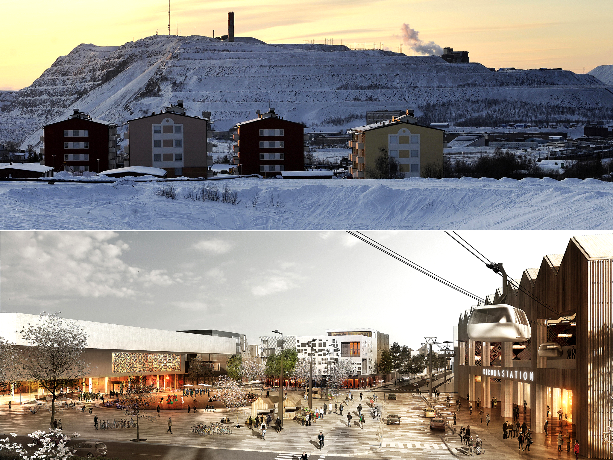 (Top) Former excavation works in the outskirts of Kiruna; (below) an artist’s impression of the new city