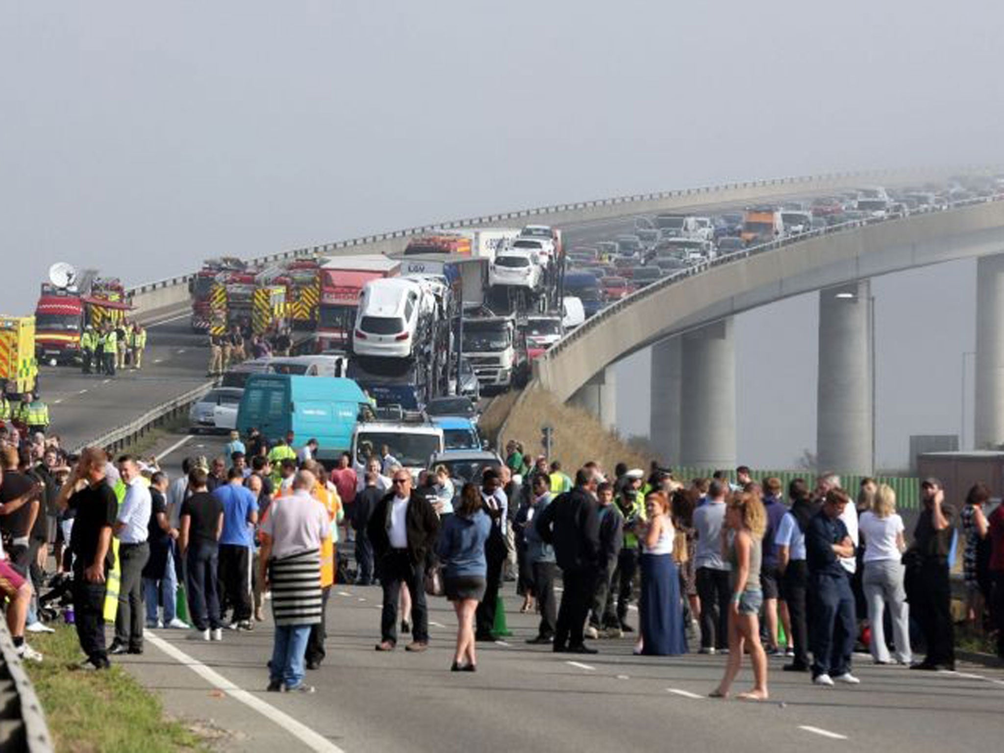 A general view of the scene on the London bound carriageway of the Sheppey Bridge Crossing near Sheerness in Kent