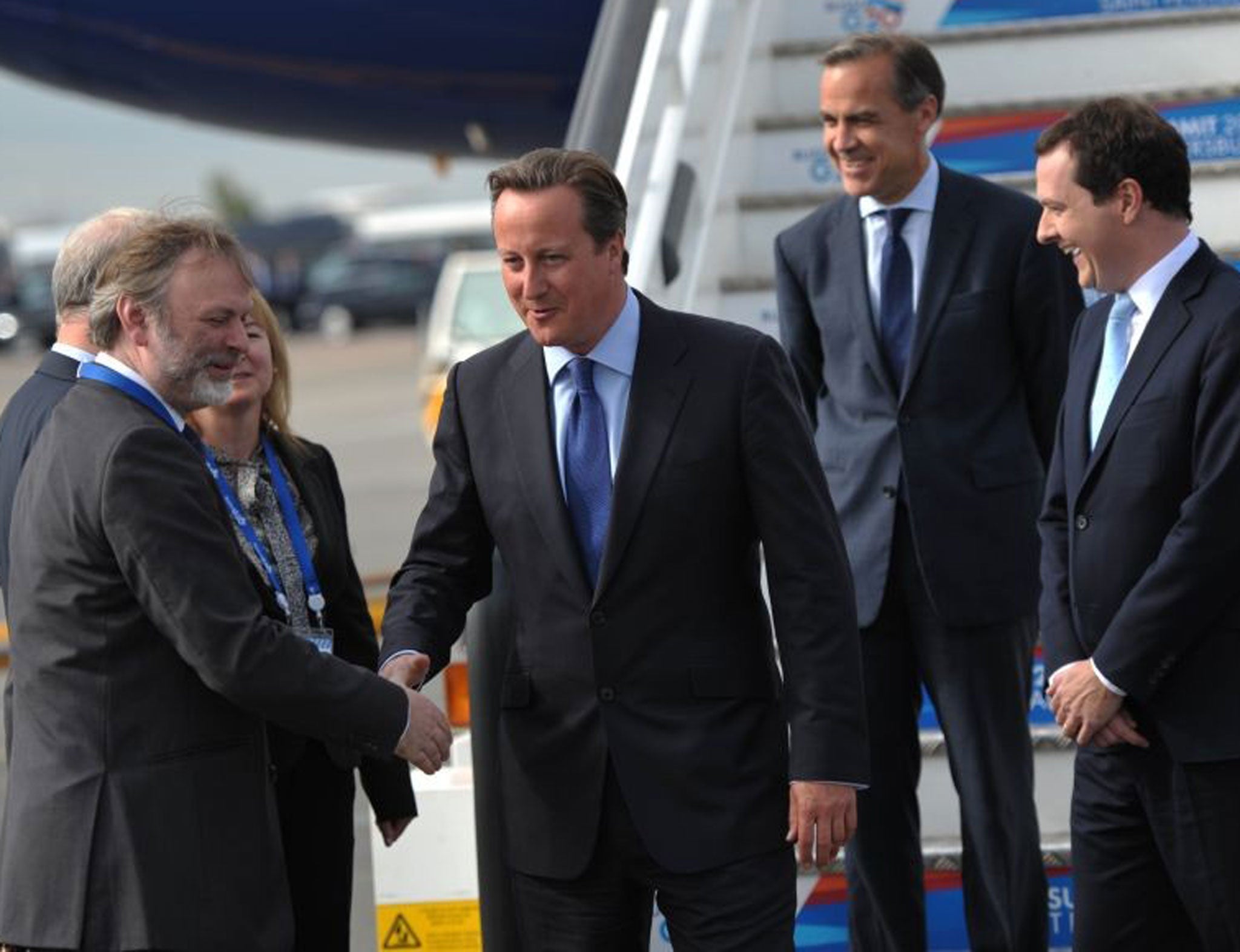 David Cameron, George Osborne, and Mark Carney arrive at the G20 summit in St. Petersburg