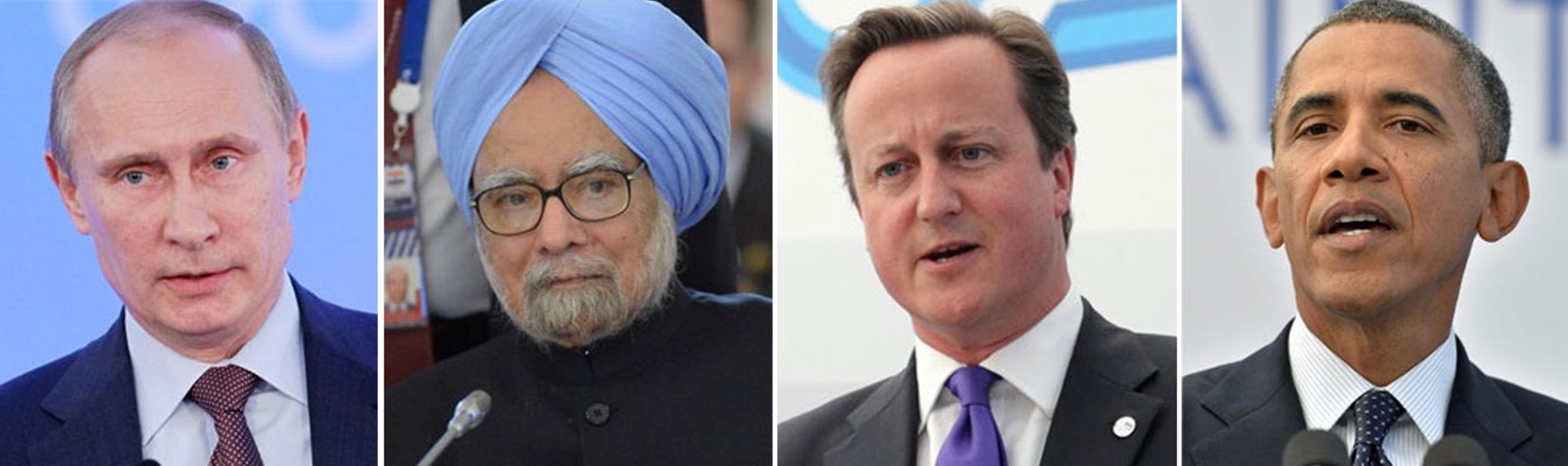 East vs West: Vladamir Putin, Momanhan Singh, David Cameron and Barack Obama