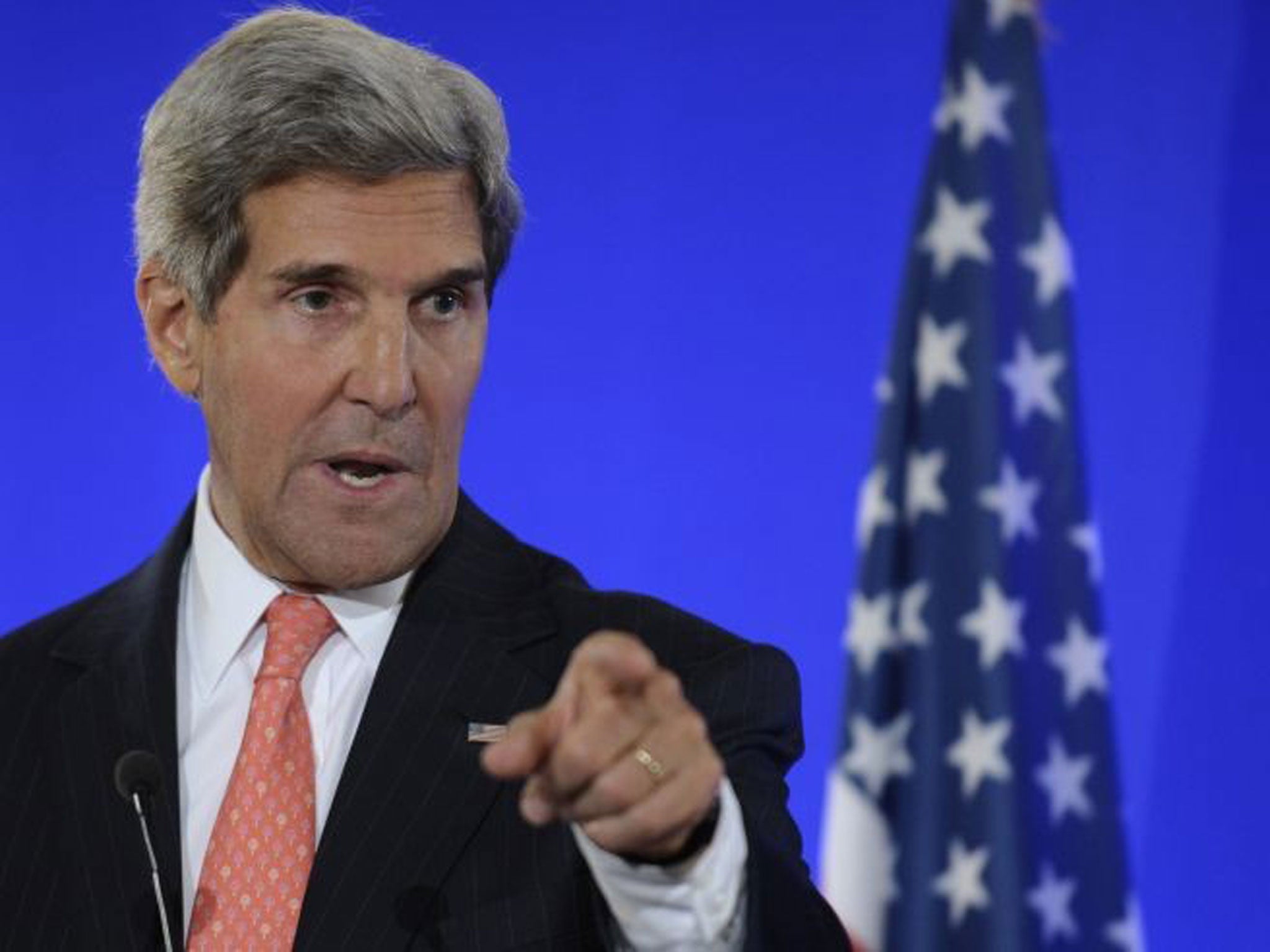 Secretary of State John Kerry speaks at joint press conference with French Foreign Minister Laurent Fabius at the Ministry of Foreign Affairs in Paris, Saturday, 7 September