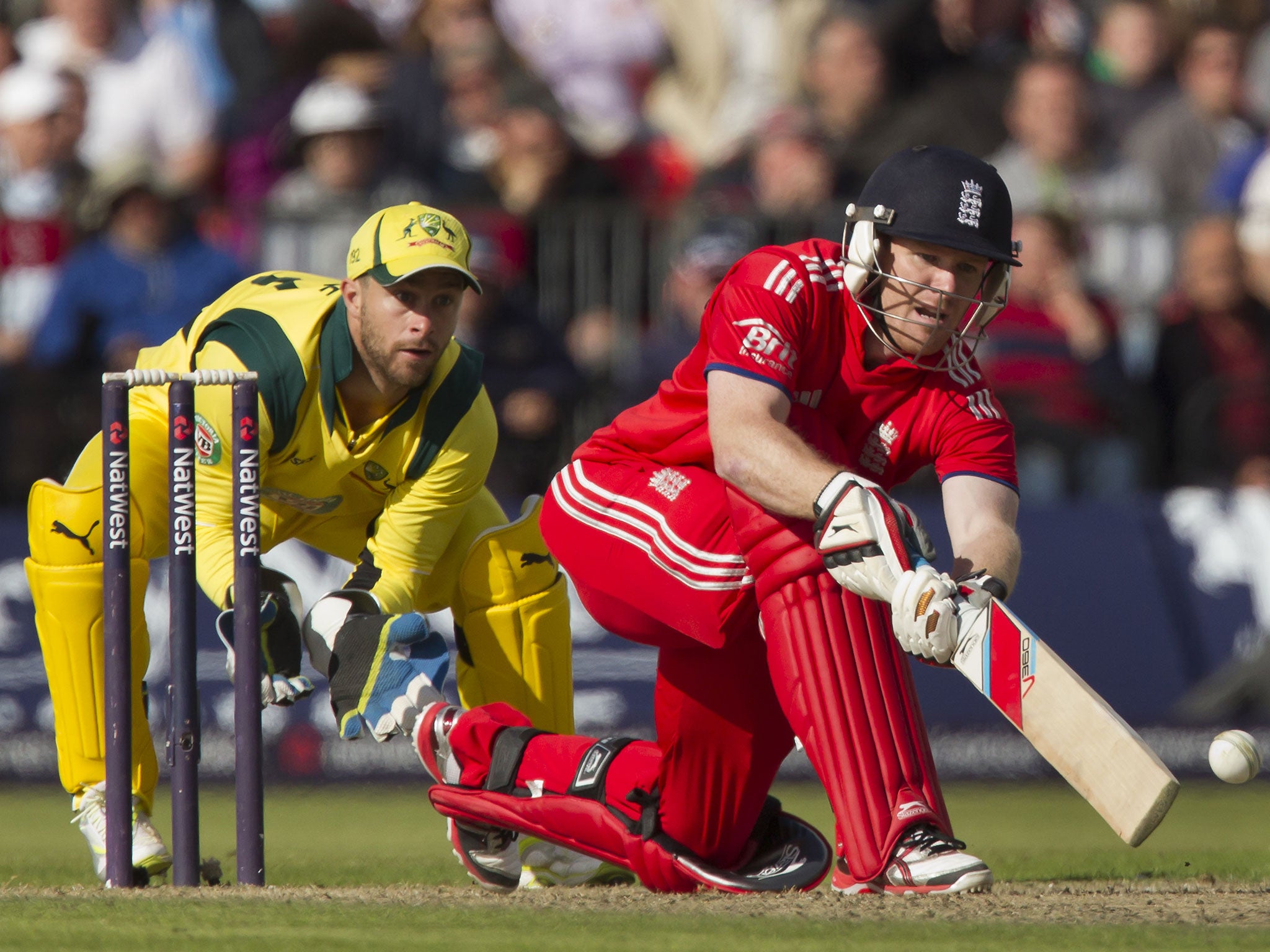 England’s stand-in one-day captain Eoin Morgan reverse sweeps on his way to a battling 54 at Old Trafford