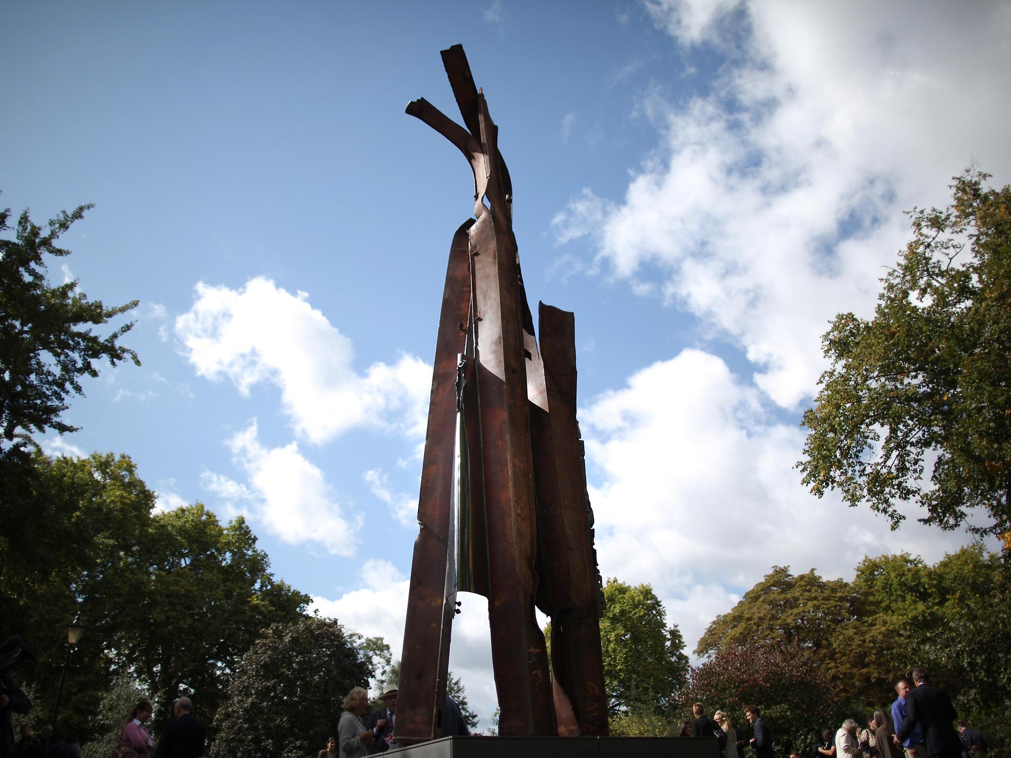 A sculpture by New York artist Miya Ando entitled 'After 9/11' is unveiled in Battersea Park in London, England