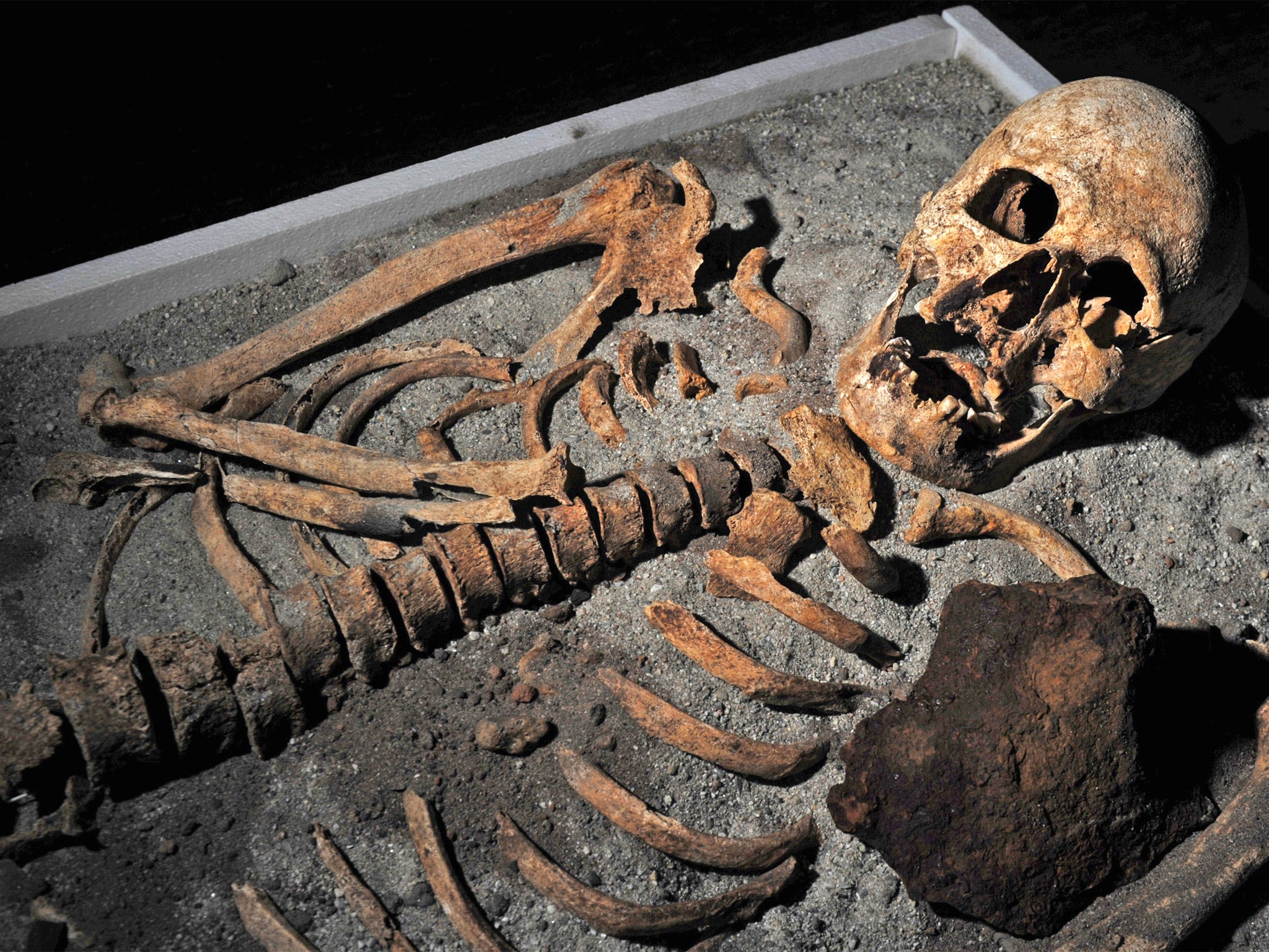 The skeleton of a man at Sozopol in Bulgaria, with an iron stake driven through his chest