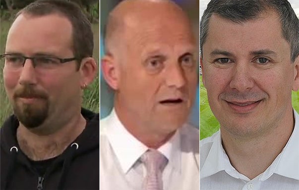 (From left) Ricky Muir, Australian Motoring Enthusiast Party; David Leyonhjelm, Liberal Democratic Party; Wayne Dropulich, Australian Sports Party