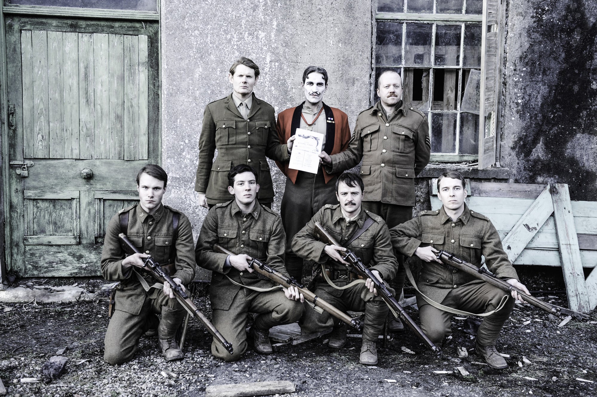 Wipers Times: Back row: (L-R) Pearson (Julian-Rhind Tutt), Roberts (Ben Chaplin), Harris (Steve Oram). Front Row (L-R): Barnes (Hugh Skinner), Henderson (Jarrod Cooke), Dodd (Josh O’Connor), Smith (Colin Ash)