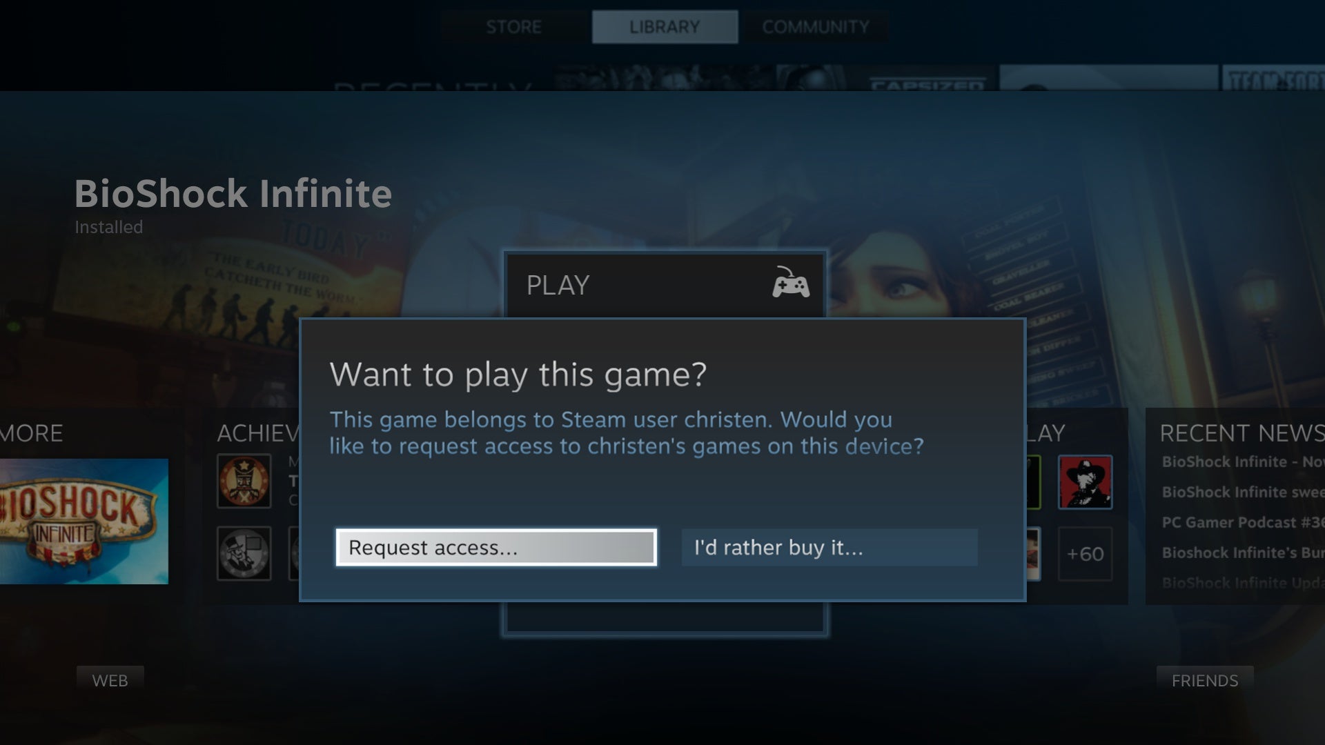 "See a family member's installed game that you want to play? Send them a request to authorize the computer. Once authorized, the lender's library of Steam games become available for others on the machine to access, download and play."