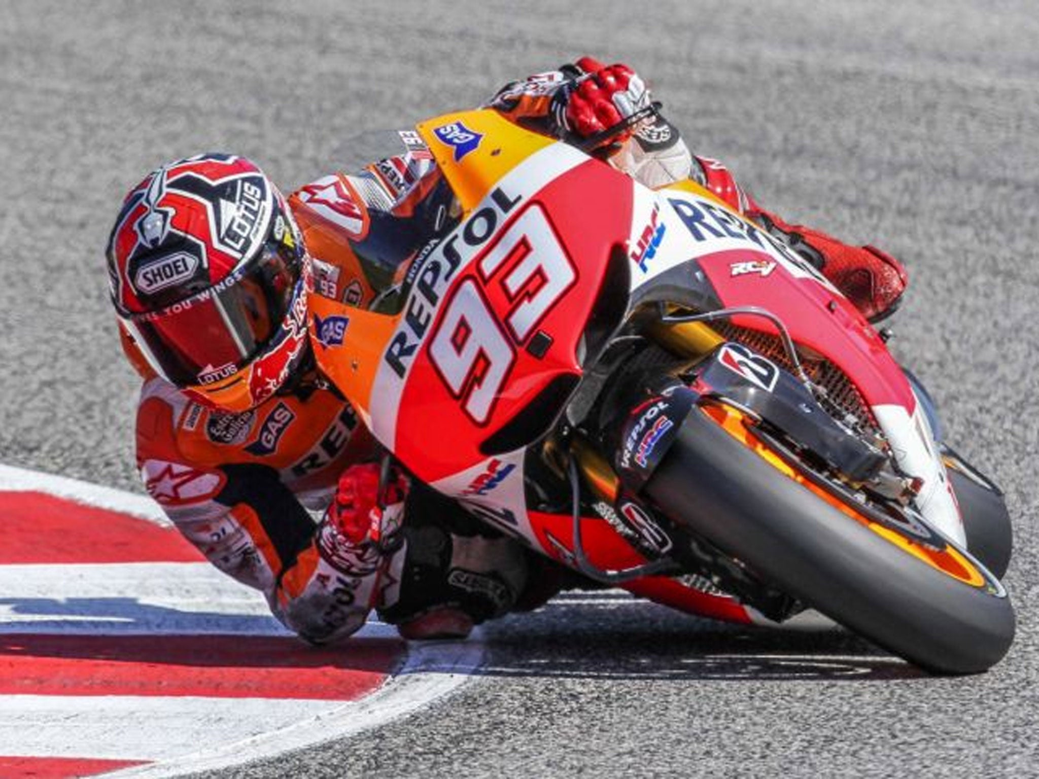 Flat out: Marc Marquez on his way to pole position for the San Marino Grand Prix