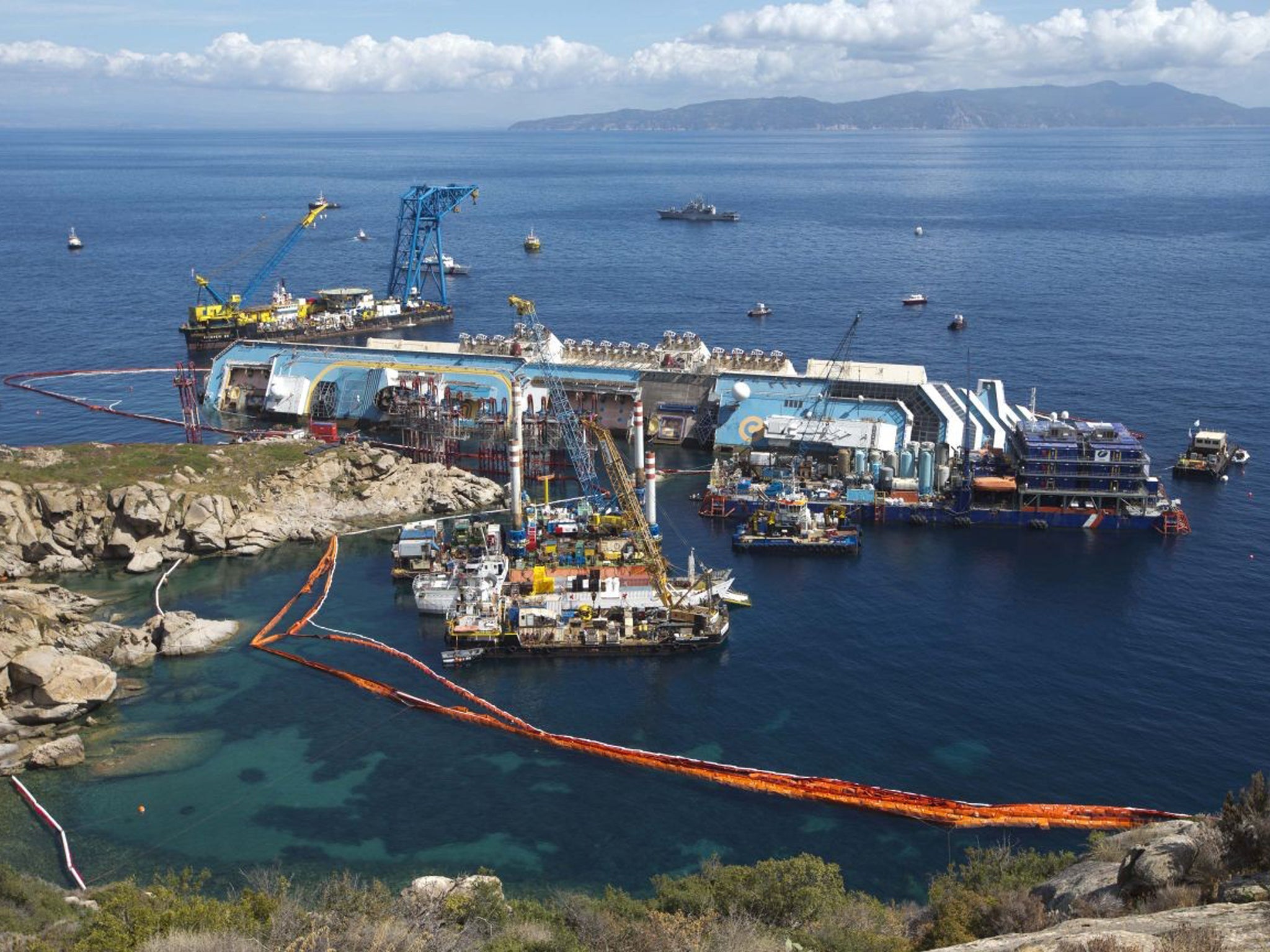 The Costa Concordia ship lies on its side on the Tuscan Island of Giglio