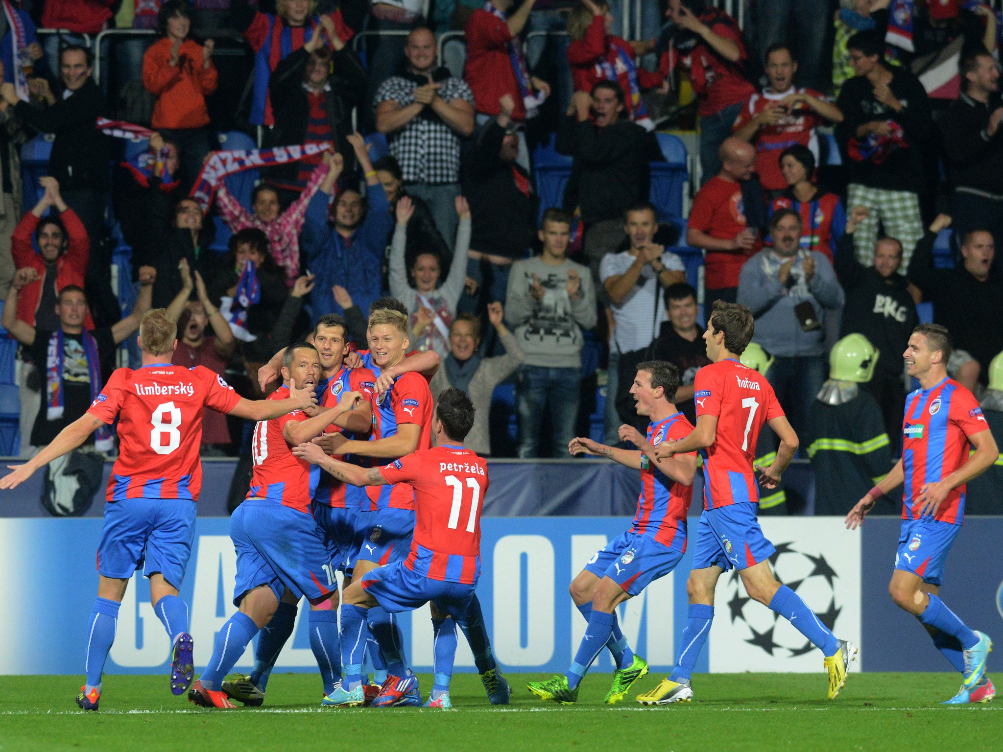 Viktoria Plzen players celebrate scoring one of their 40 goals scored already this season