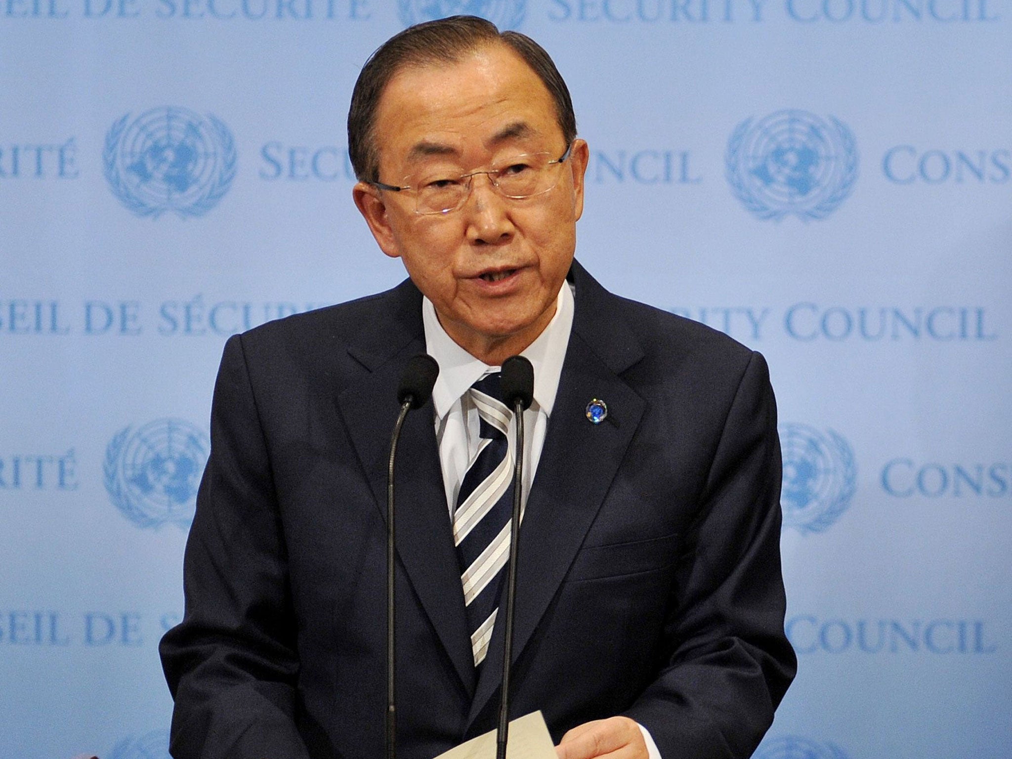 United Nations Secretary-General Ban Ki-moon speaks to the media after briefing the Security Council on the UN chemical weapons report