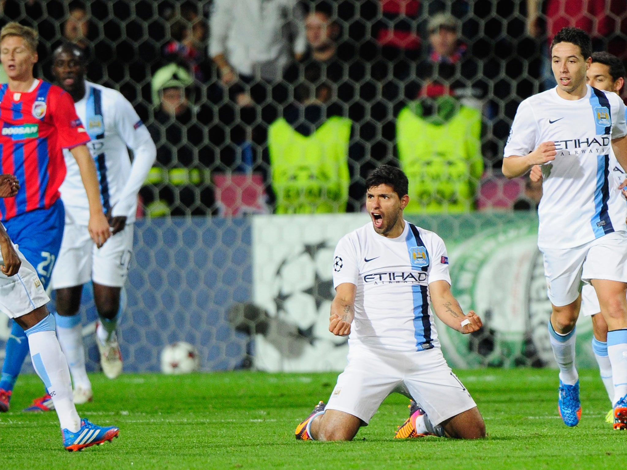 Sergio Aguero (C) of Manchester City celebrates his goal during the UEFA Champions League match against FC Viktoria Plzen