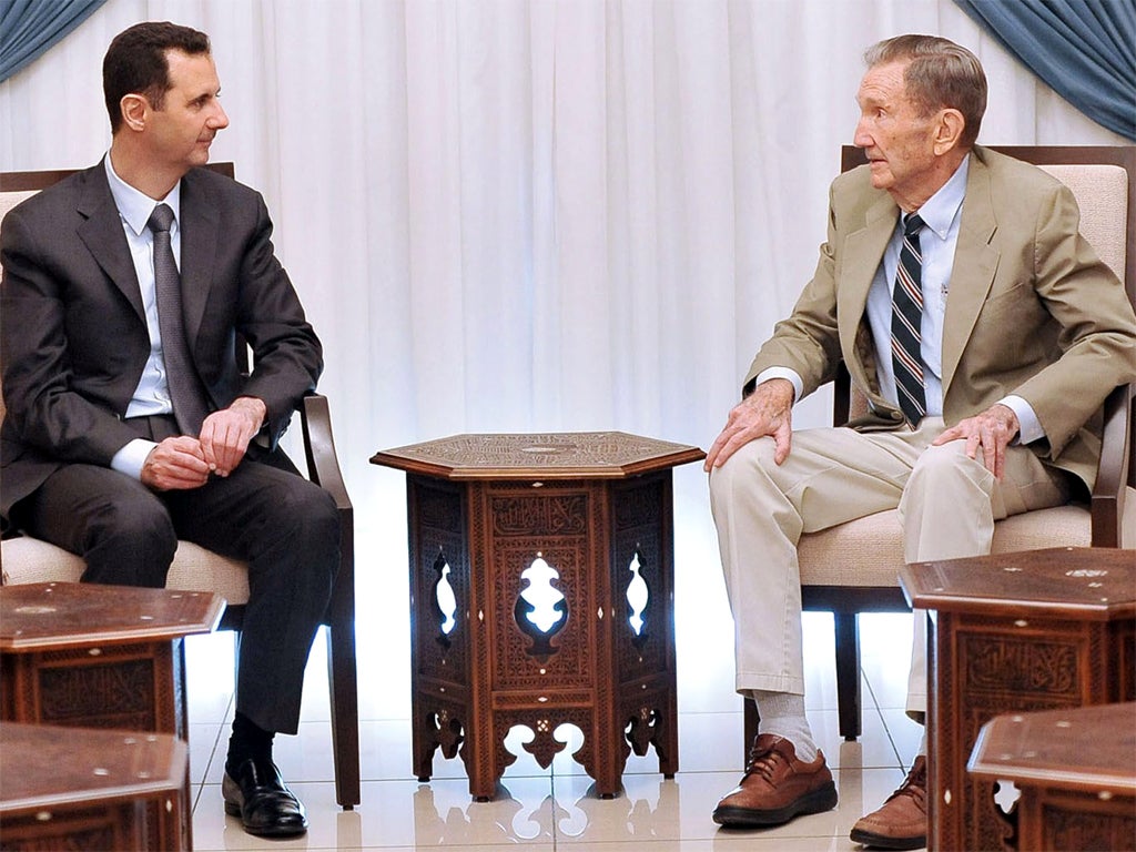 President Assad meets the former US Attorney General Ramsey Clark in Damascus, who is heading a US delegation to Syria