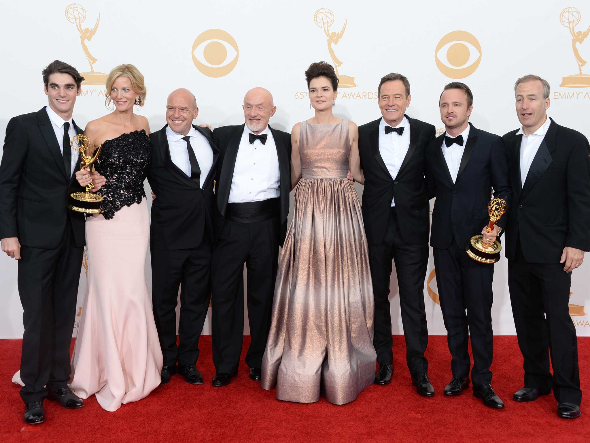 From left to right: Actors RJ Mitte, Anna Gunn, Dean Norris, Jonathan Banks, Betsy Brandt, Bryan Cranston, Aaron Paul and Bob Odenkirk from the cast of Breaking Bad