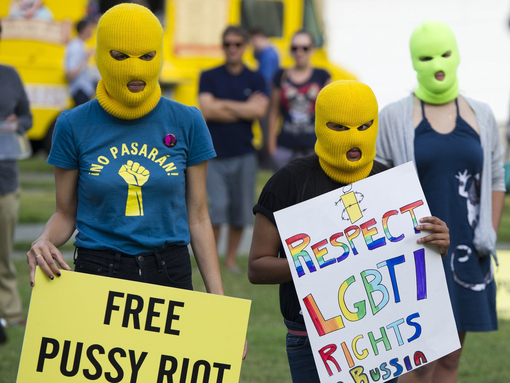 Protestors demonstrate against the prison sentences of the Russian band Pussy Riot