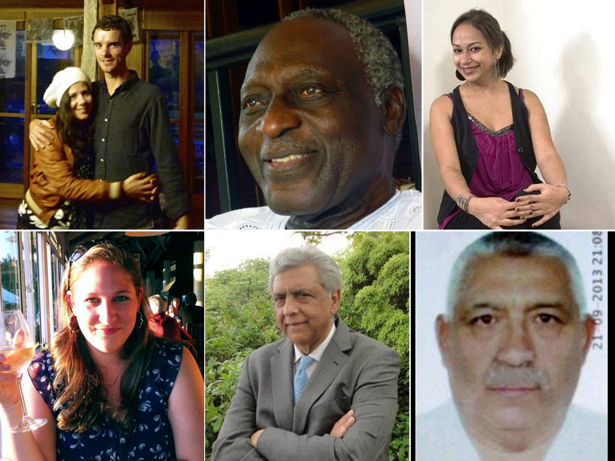 Victims of a multinational terror force, clockwise from top left: Elif Yavuz; Ross Langdon; Kofi Awoonor; Ruhila Adatia Sood; Juan Ortiz-Iruri;  Naguib-Damji; Anne-Marie Desloges;