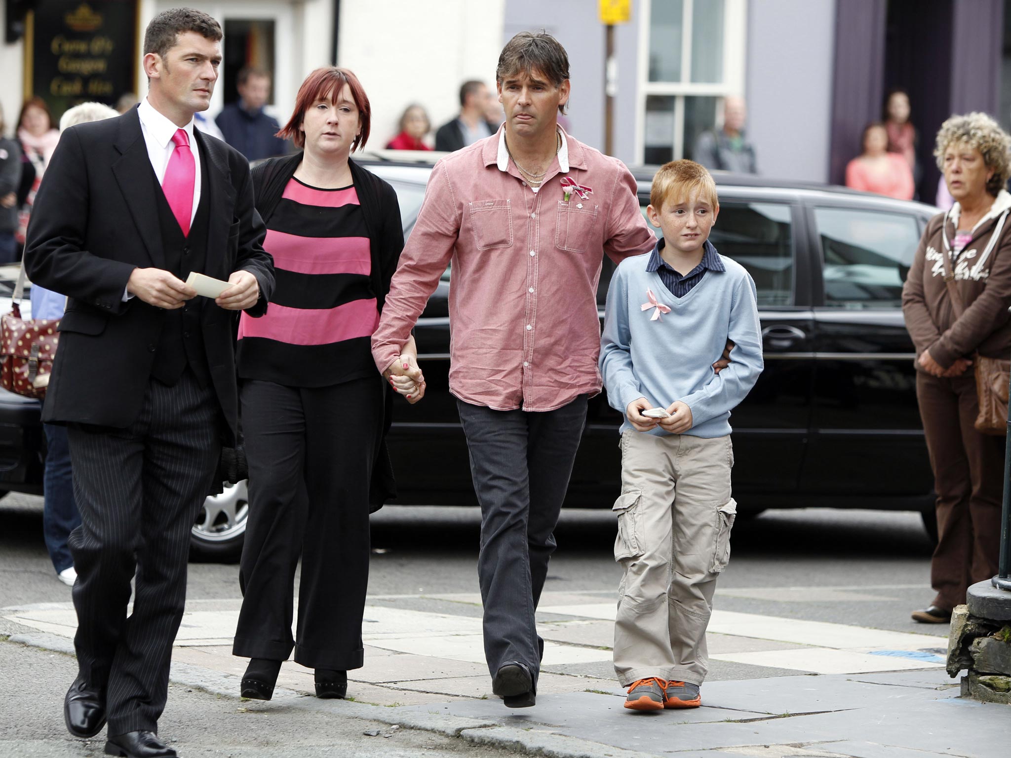 Paul and Coral Jones, the parents of April Jones and her brother Harley, arrive at St Peter's Church, Machynlleth, ahead of her funeral service