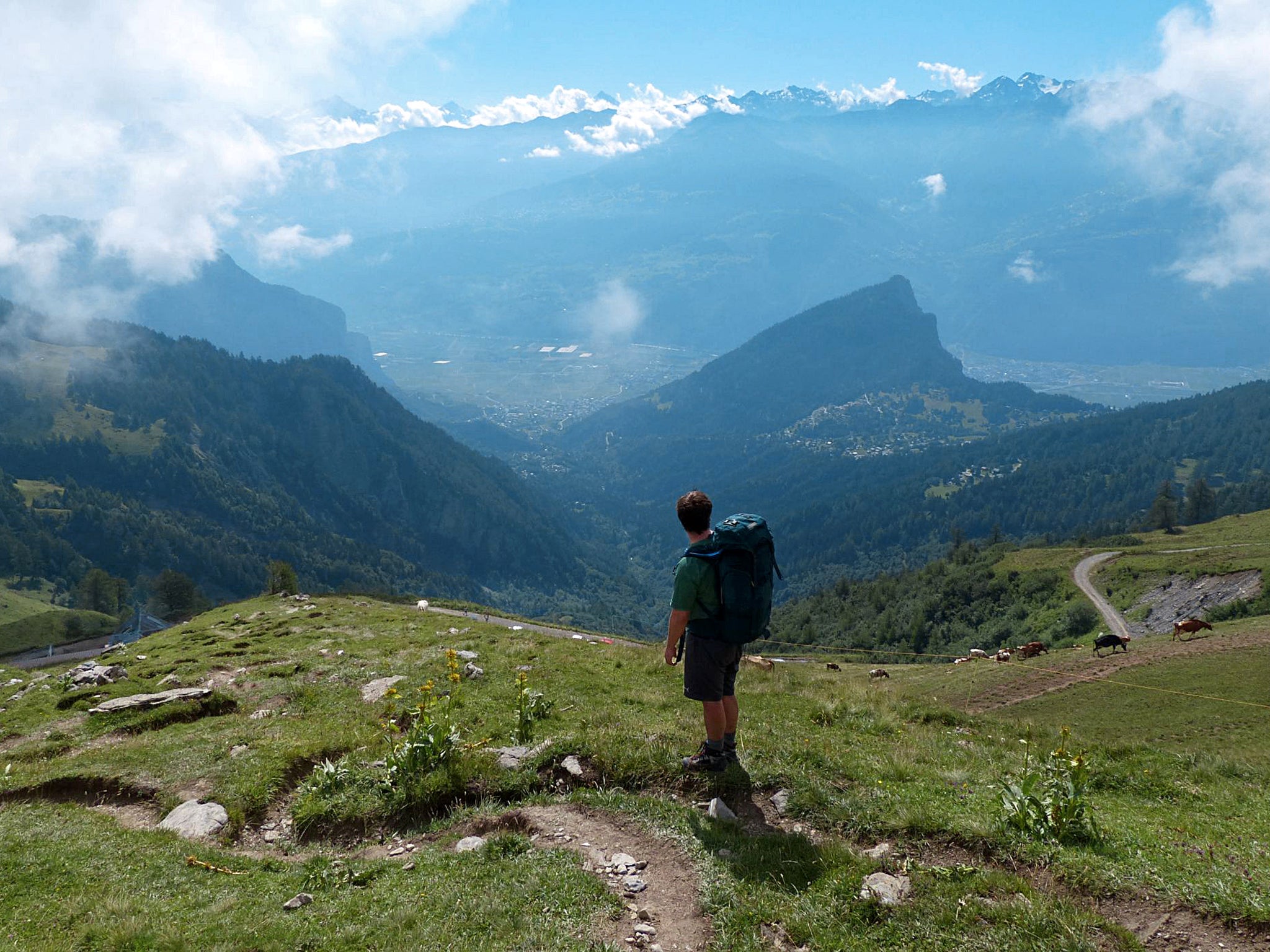 Long way down: a hiker en route to Ovronnaz