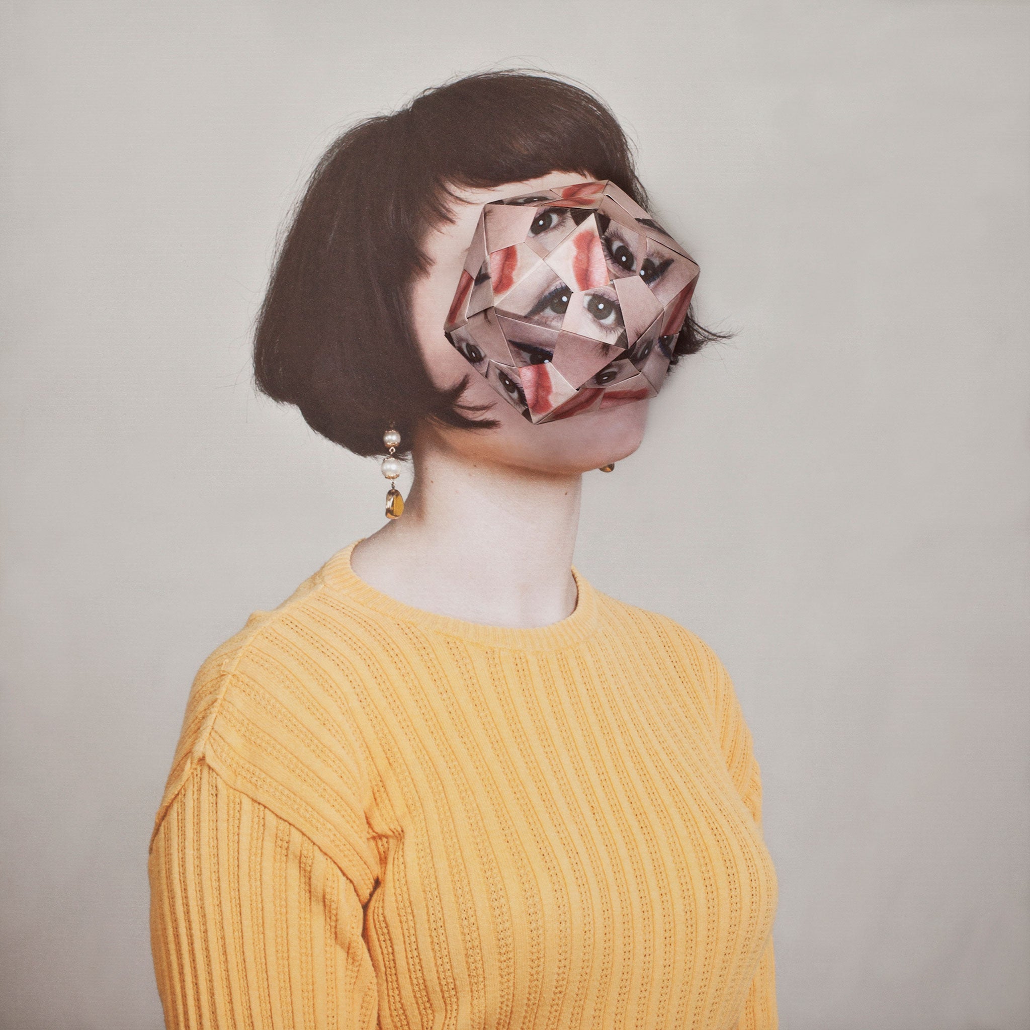 Haser's photographs are made by photographing the subject, then printing multiple copies of the sitter's face and folding them into origami structures. That is then placed over the original face and the whole construct is photographed again.