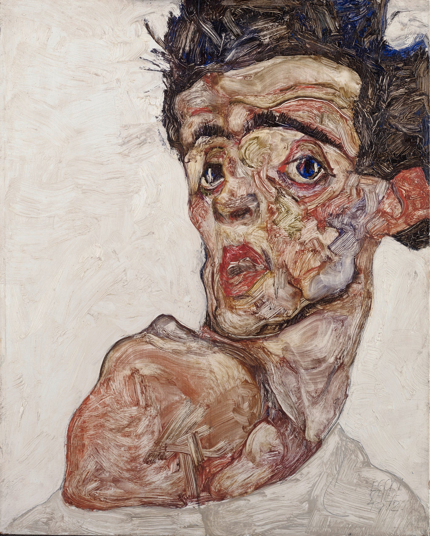 Self Portrait with Raised Bared Shoulder (1912) by Egon Schiele