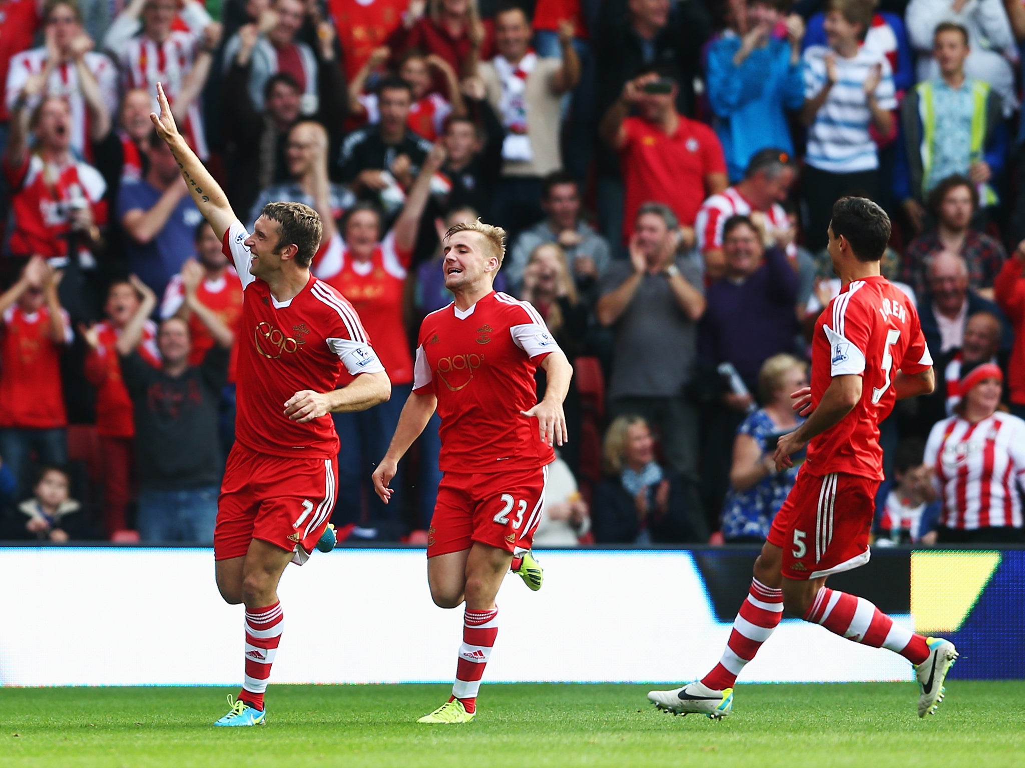 Rickie Lambert celebrates scoring Southampton's second goal against Crystal Palace