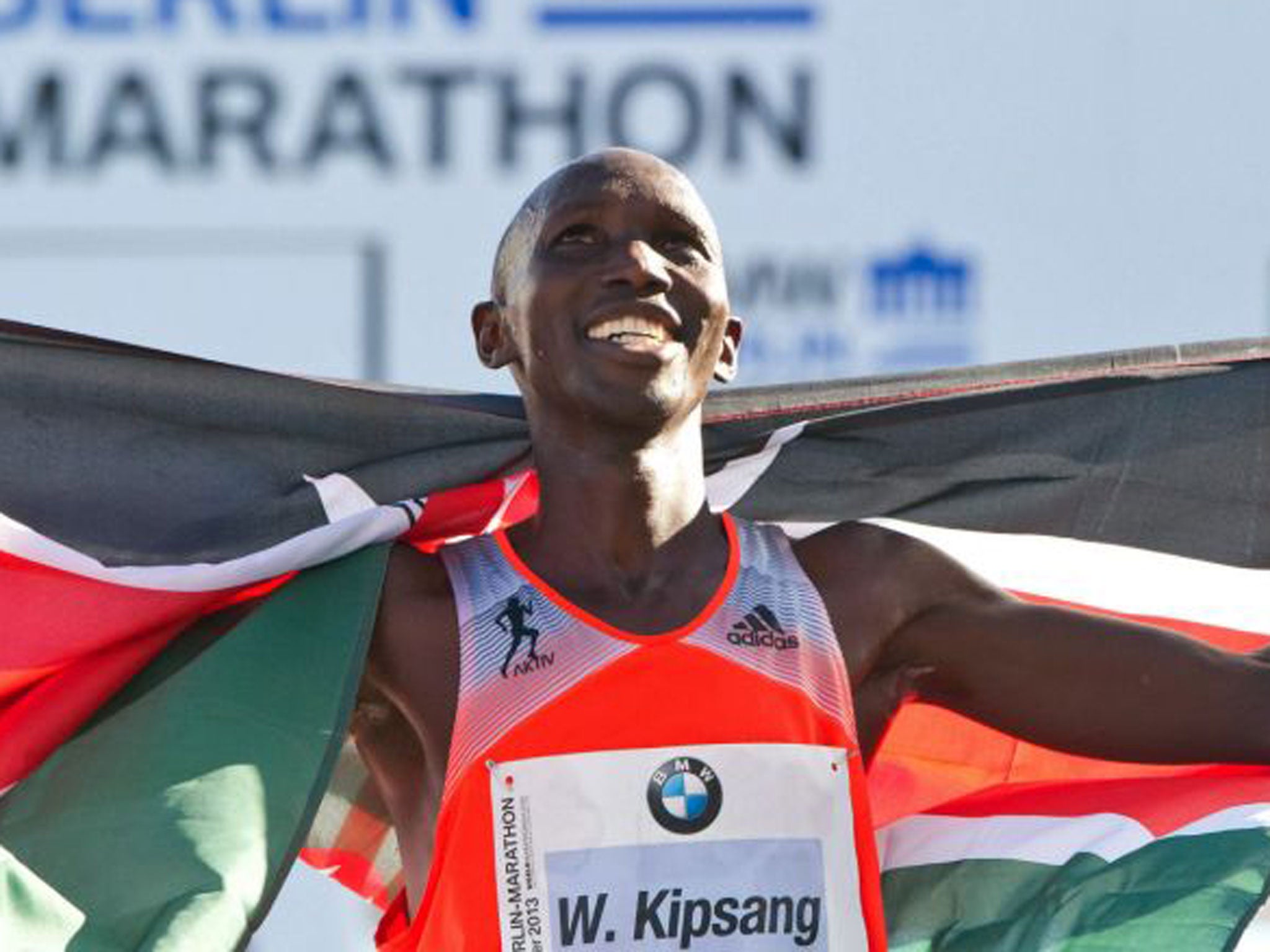 Wilson Kipsang celebrates his record-breaking victory in Berlin on Sunday