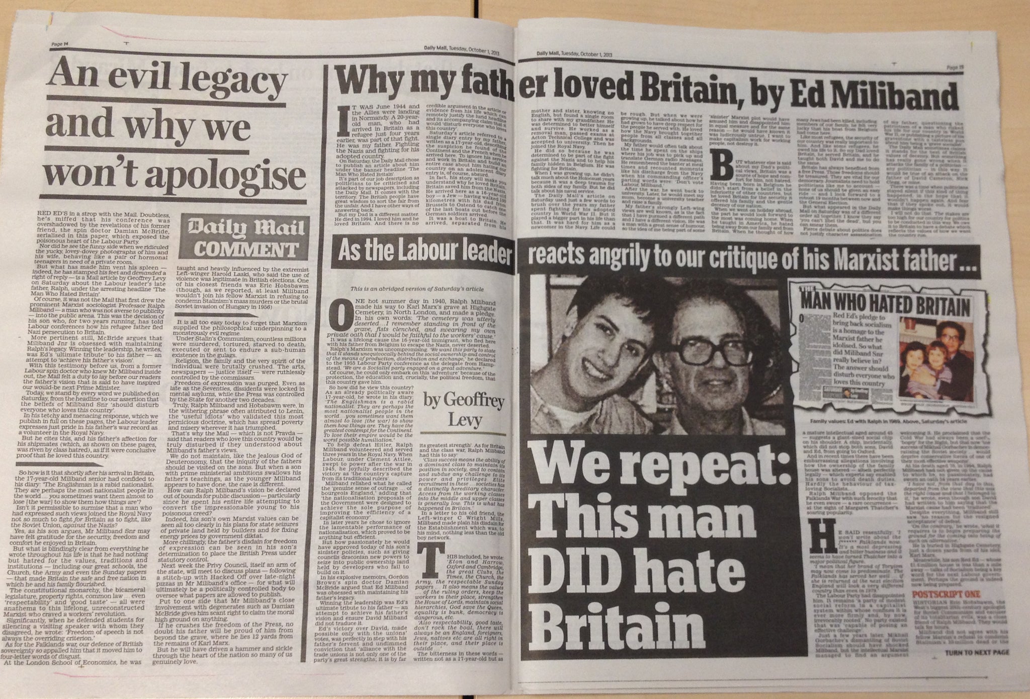 The spread in the Daily Mail, including Ed Miliband's response