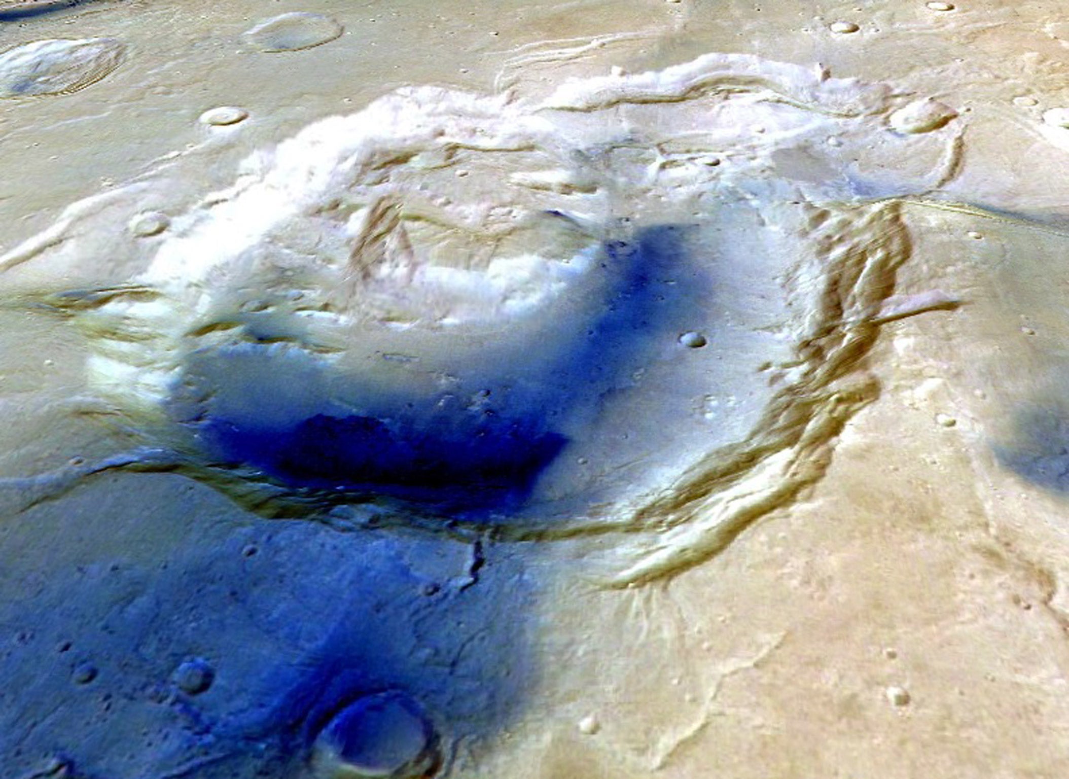 This image shows a 3-dimensional view of Eden Patera looking toward the east. Color image data from the High Resolution Stereo Camera (HRSC) were draped over digital topographic data from the same instrument