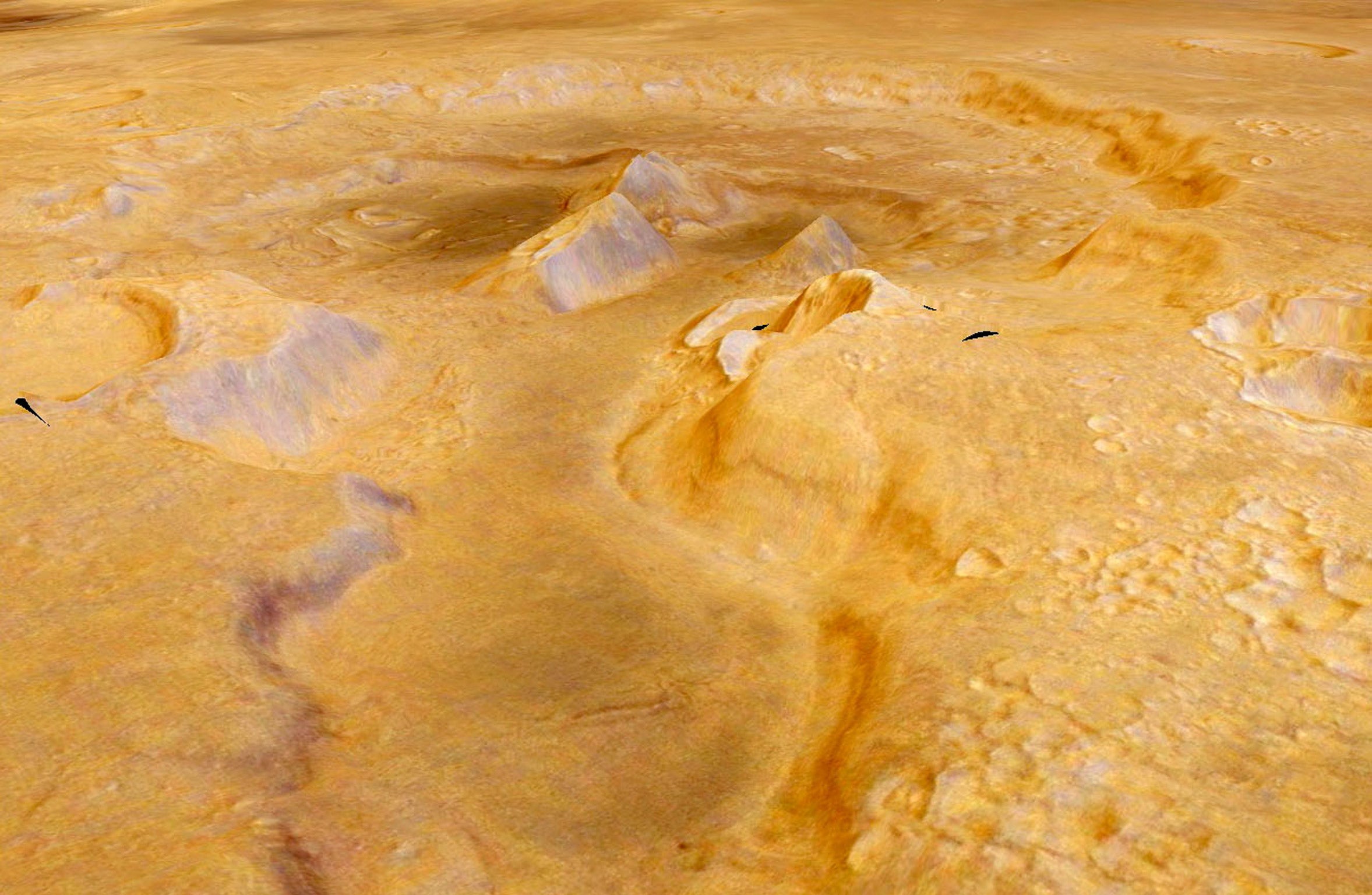 This image shows another candidate supervolcano on Mars, called Oxus Patera. The image was created by draping color images from the High Resolution Stereo Camera draped over digital elevation data from the same instrument. Notice the irregular basins within the crater that represent multiple stages of collapse. Mountains within the 30-km-diametre crater are composed of fine-grained, friable materials that may represent volcanic ash deposits