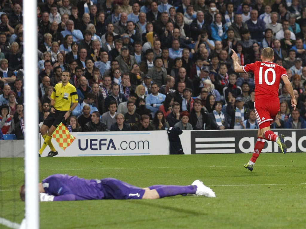 Robben scores Bayern's third, much to Joe Hart's dismay