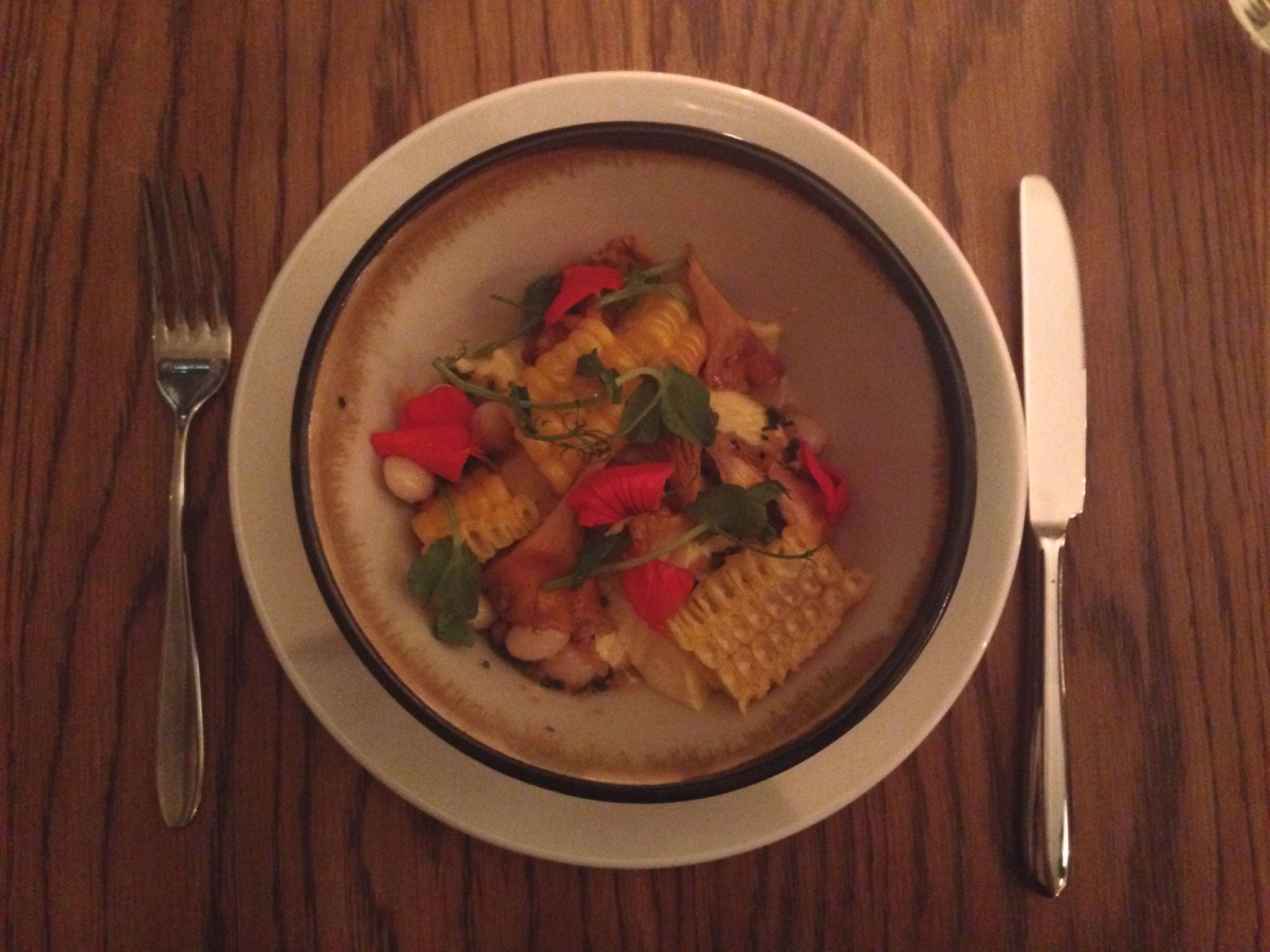 Their take on Chawanmushi: a country garden in a bowl, the custard firm, topped with shiitake mushroom, strips of corn and a little forest of edible flowers