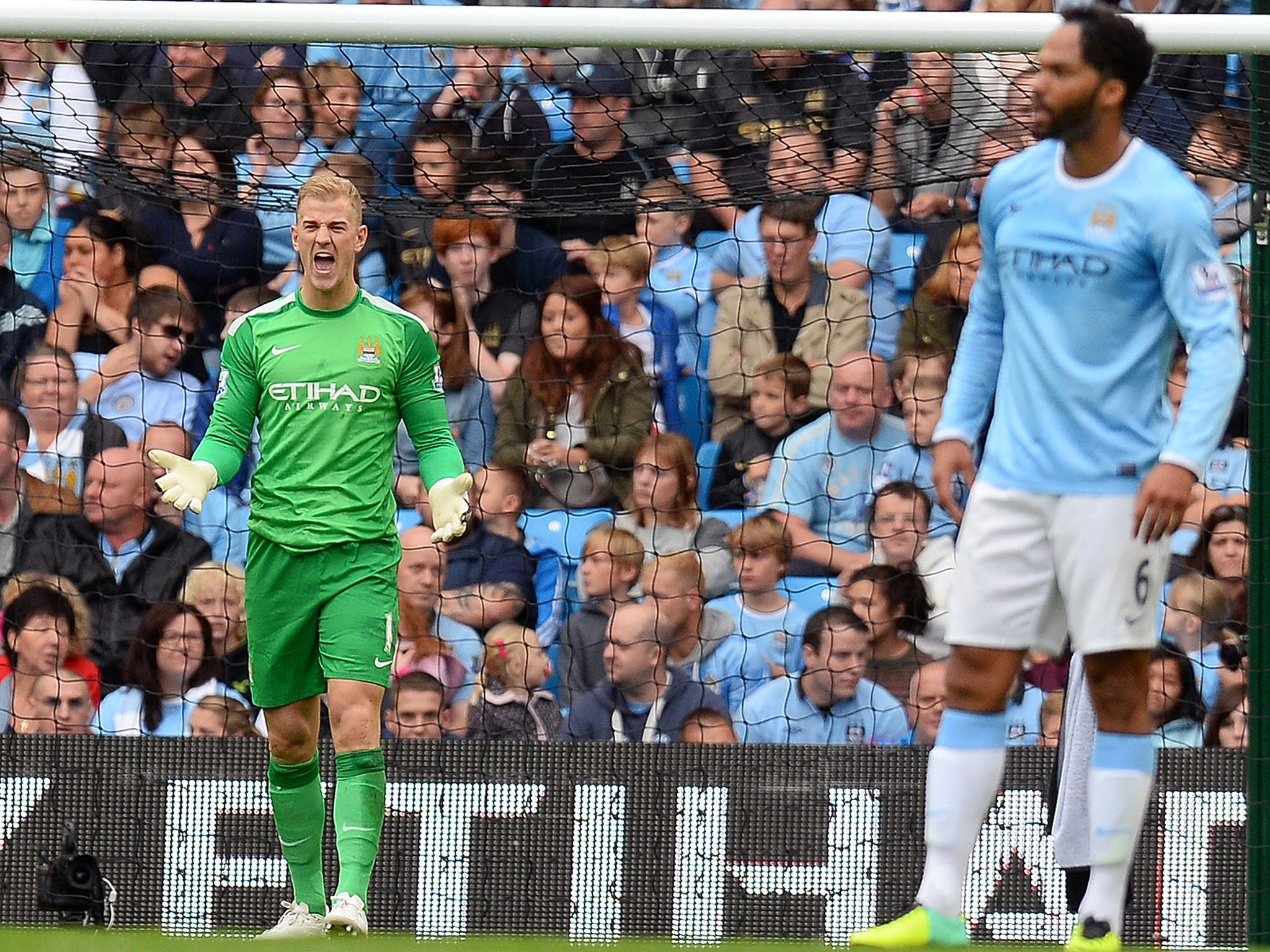 Joe Hart shouts at his defence after conceding an early Romelu Lukaku goal