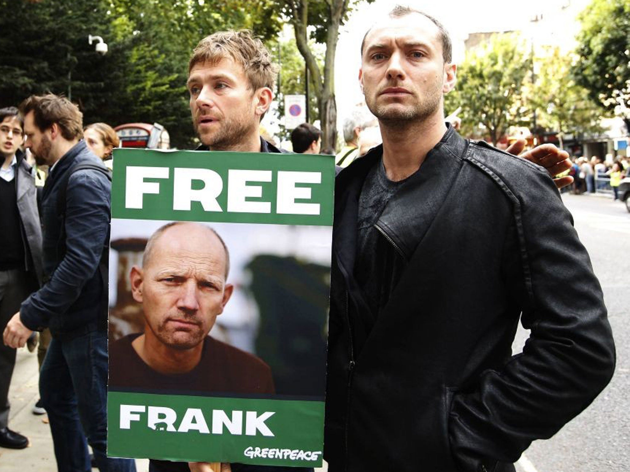 Albarn and Law protest outside the Russian embassy