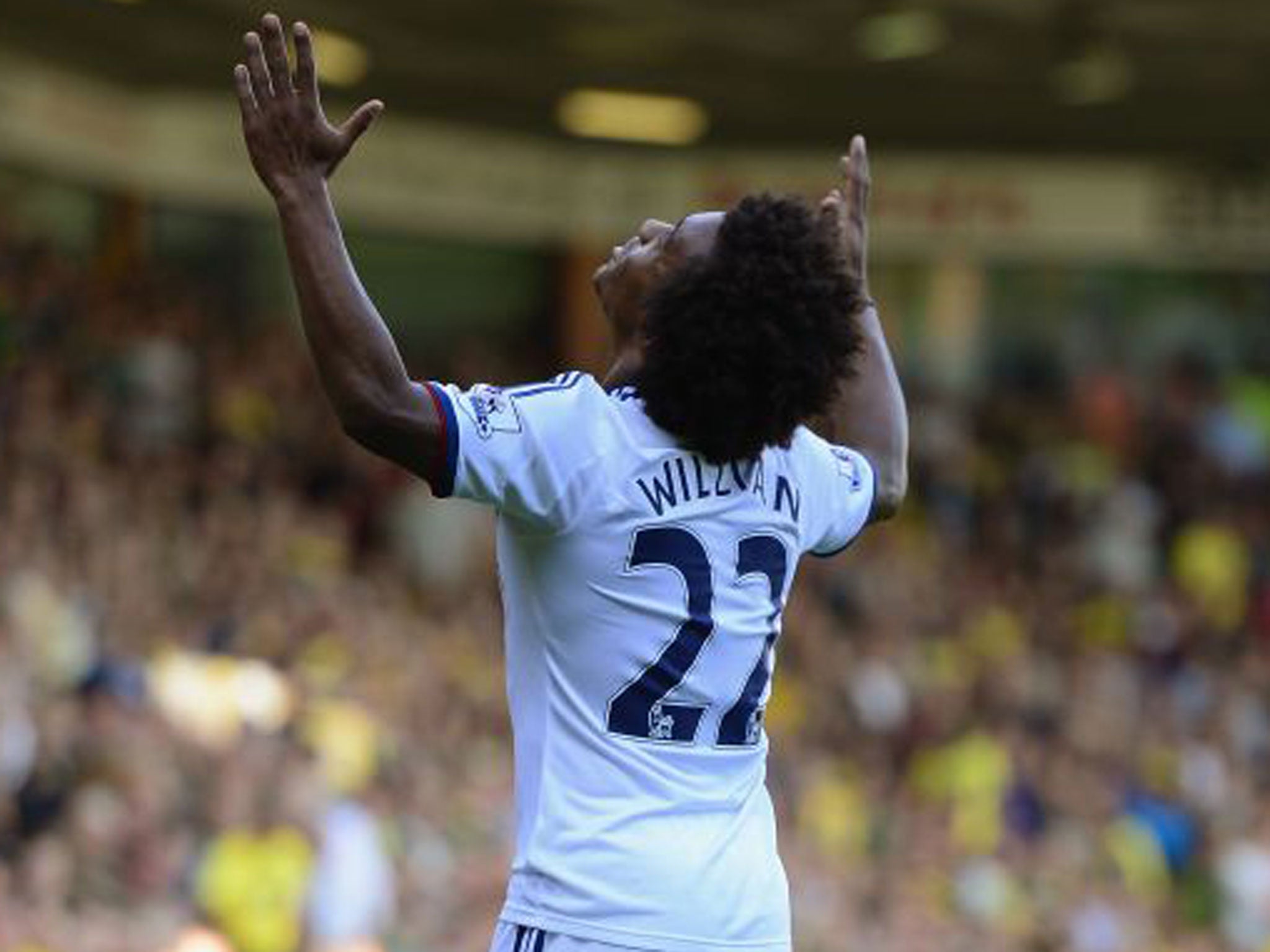 Willian celebrates his first goal for Chelsea against Norwich on Sunday